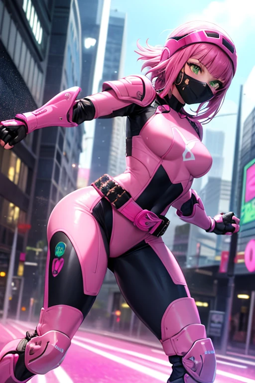 ((best quality)), ((masterpiece)), (detailed), 1 girl, full body, 20s, masked, black mask covering her entire head, smooth head, biker helmet, blue ears on her helmet, short hair sticking out of her helmet, 1 small crest on her head, oxygen mask, gas mask, bare face, black collar, tall and thin, very athletic, circles on her wrists, pink details, black fingerless gloves, pink wristbands, nanotech speedster suit that resembles light armor, blue chest piece with an emblem, pink speed emblem on her chest, pink emblem, blue pants, gray knee pads, metallic pink boots, white superhero belt, running through the city, pink light trail, laser, city background, anime