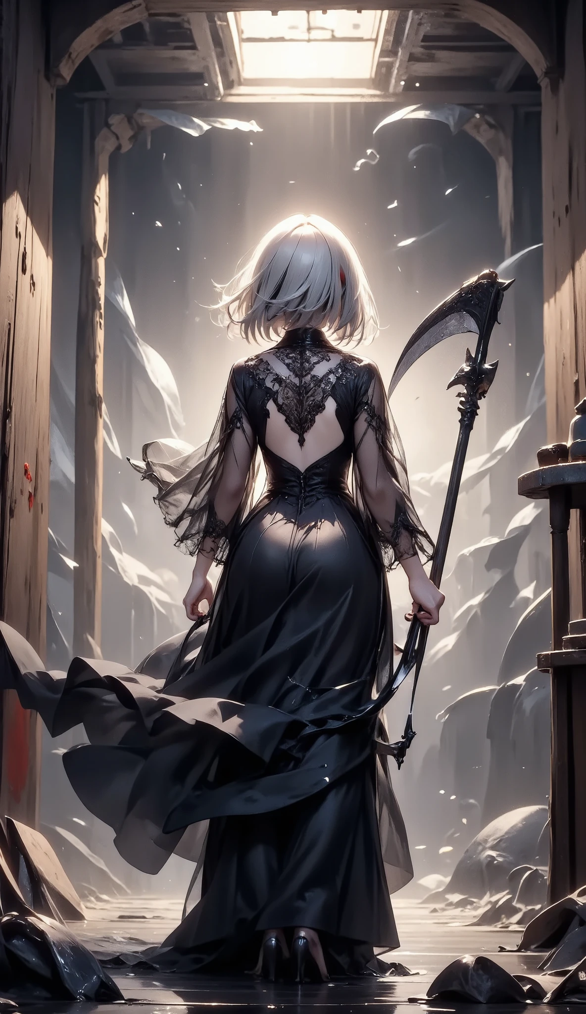 masterpiece, best quality, 8k, highres, ultra-detailed, HDR, UHD, ultra-fine painting, Gothic illustration style,, Chiaroscuro, dark gothic, Gothic Art style, Chiaroscuro,BREAK, 1girl, gothic dress, black lace, from behind,full body ,great figure,flowing fabric, Precise modeling large scythe\(both hand grip\), (scythe swinging), A depiction that conveys a sense of speed,Dynamic Motion Blur,intense energy,look at viewer ,DarkAtmosCE style,,abandoned hospital\(cracked walls, peeling paint, broken windows, torn curtains, rusted wheelchair, fallen IV stand, shattered medicine bottles, scattered medical files, dim flickering fluorescent lights, eerie silence, drifting mist, dusty floor, long shadows, moonlight through broken glass, bloodstains and handprints on walls,frost-covered surfaces, old hospital signs, stopped clock\),cold and ominous atmosphere.
