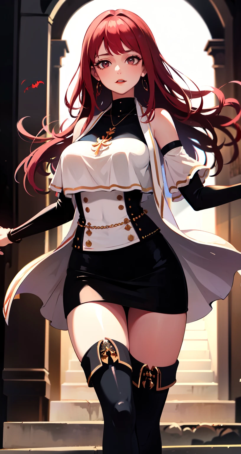 a woman,  looking at the spectator , a woman de corpo inteiro, ashamed, Lean body, beautiful breasts,  masterpiece ,  beautiful woman with long red hair, a woman com roupas curtas, wearing a short skirt,  short black skirt , neckline,  Medium breasts, vampires, Bright Eyes,  glowing eyes 