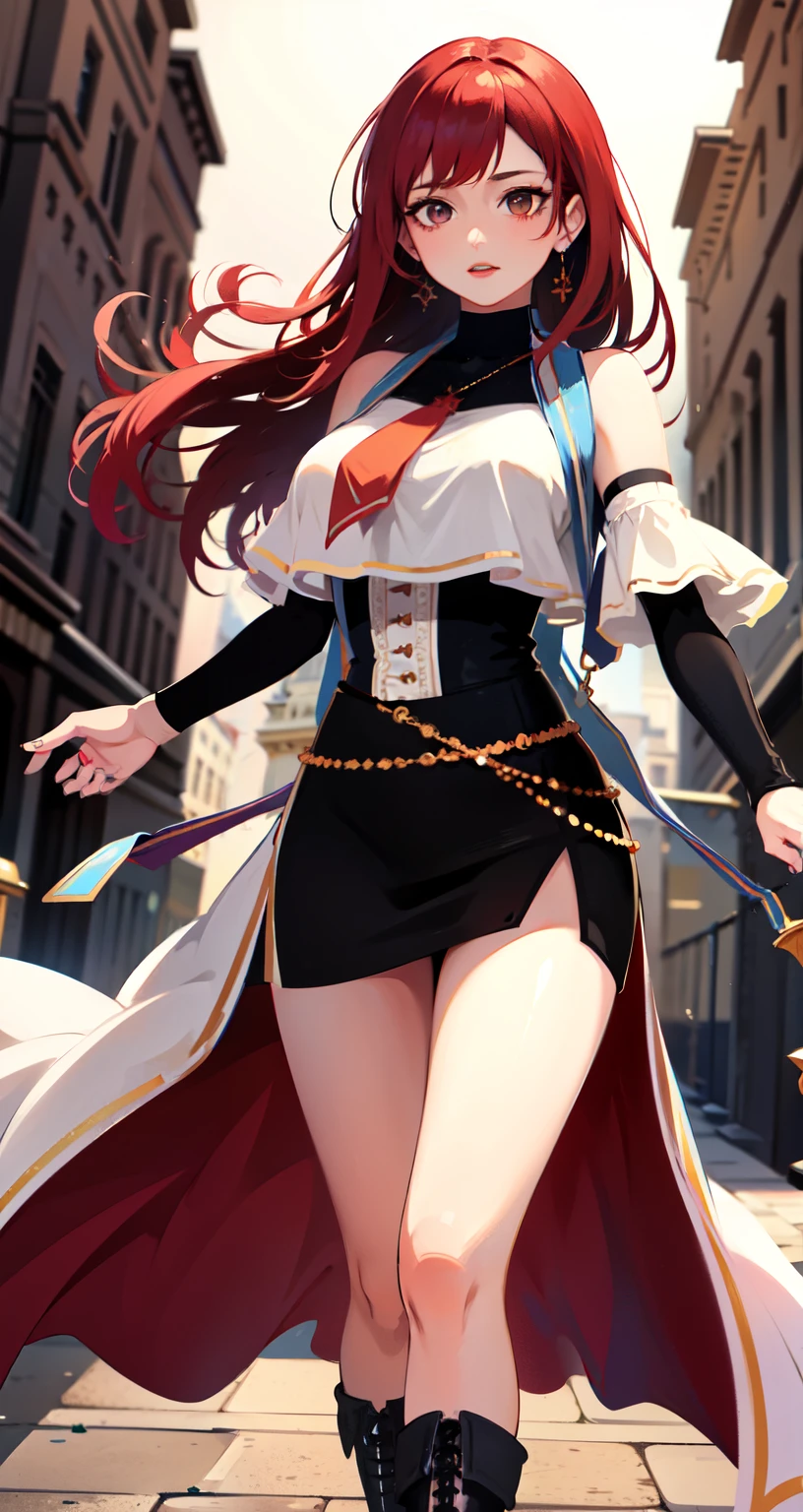 a woman,  looking at the spectator , a woman de corpo inteiro, ashamed, Lean body, beautiful breasts,  masterpiece ,  beautiful woman with long red hair, a woman com roupas curtas, wearing a short skirt,  short black skirt , neckline,  Medium breasts, vampires, Bright Eyes,  glowing eyes 