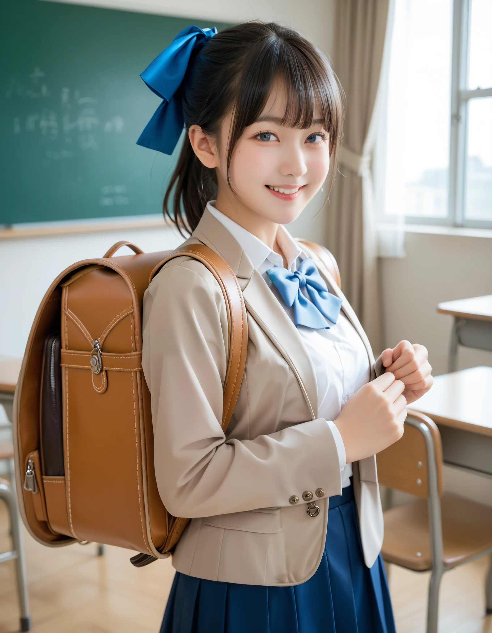 Masterpiece, hd, 1girl, black hair, blue eyes, ponytail, bangs, hair ribbon, brown blazer, white collared shirt, blue bowtie,blue skirt, standing, indoor, smile, classroom, wearing randoseru backpack, brown backpack, looking at viewer 