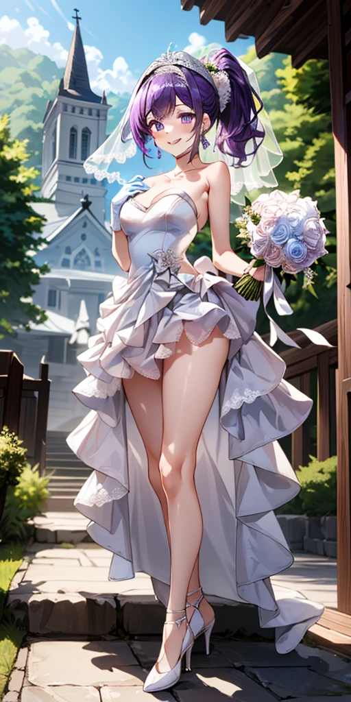 Kuki Shinobu| genshin impact, master-piece, bestquality, 1girls,25 years old, proportional body, proportional., Wedding Dresses, White bridal gown , Long skirt, Wedding Dresses,bride,marriage,Pretty dress up,shiny clothes,Lace on clothes,Lace clothes,Big skirt,lace trim,standing pose,Let's face each other right there..,Flowers on hand,smile,Soft yarn,Esbian Full Body,purity, bara, arm behind back, Outdoor Stand, Flower in the middle of the flower, shiny sky, View viewers from the front., Thigh strap, Head tilt, bored, 10, 10, HD, 10 ,