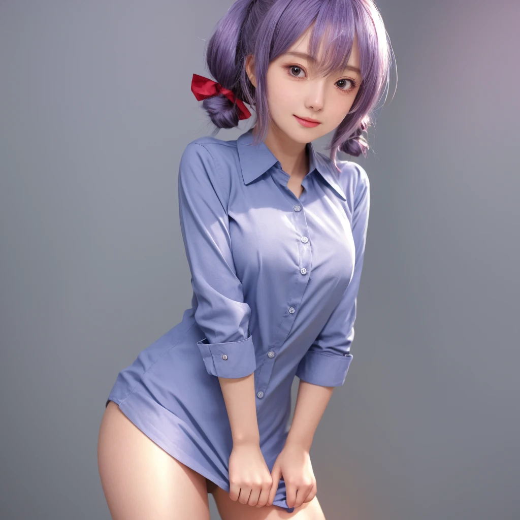 18 years old, purple hair russian girl, perfect skinny body, big , realistic body, mini skirt, open shirt, string out of the skirt, in a bedroom,