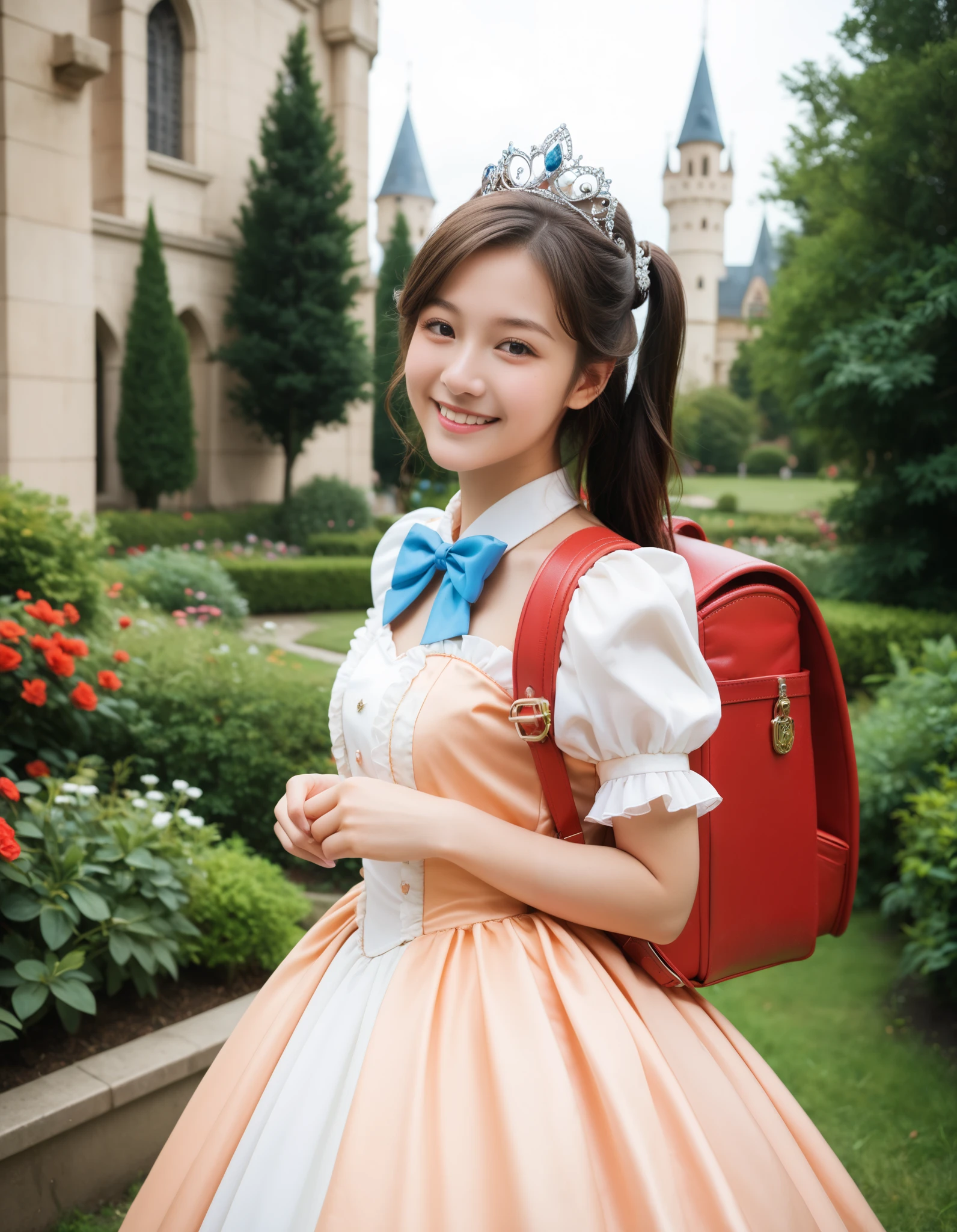 masterpiece, realistic, best quality, highres, 1girl, long hair, one side up, solo, ponytail,brown hair, princess dress, princess Costume, colorful princess dress,bowtie, smile (princess:1.2), frilled dress, tiara, castle, outdoor, garden, wearing randoseru backpack, red backpack , outdoor, day, looking at viewer 