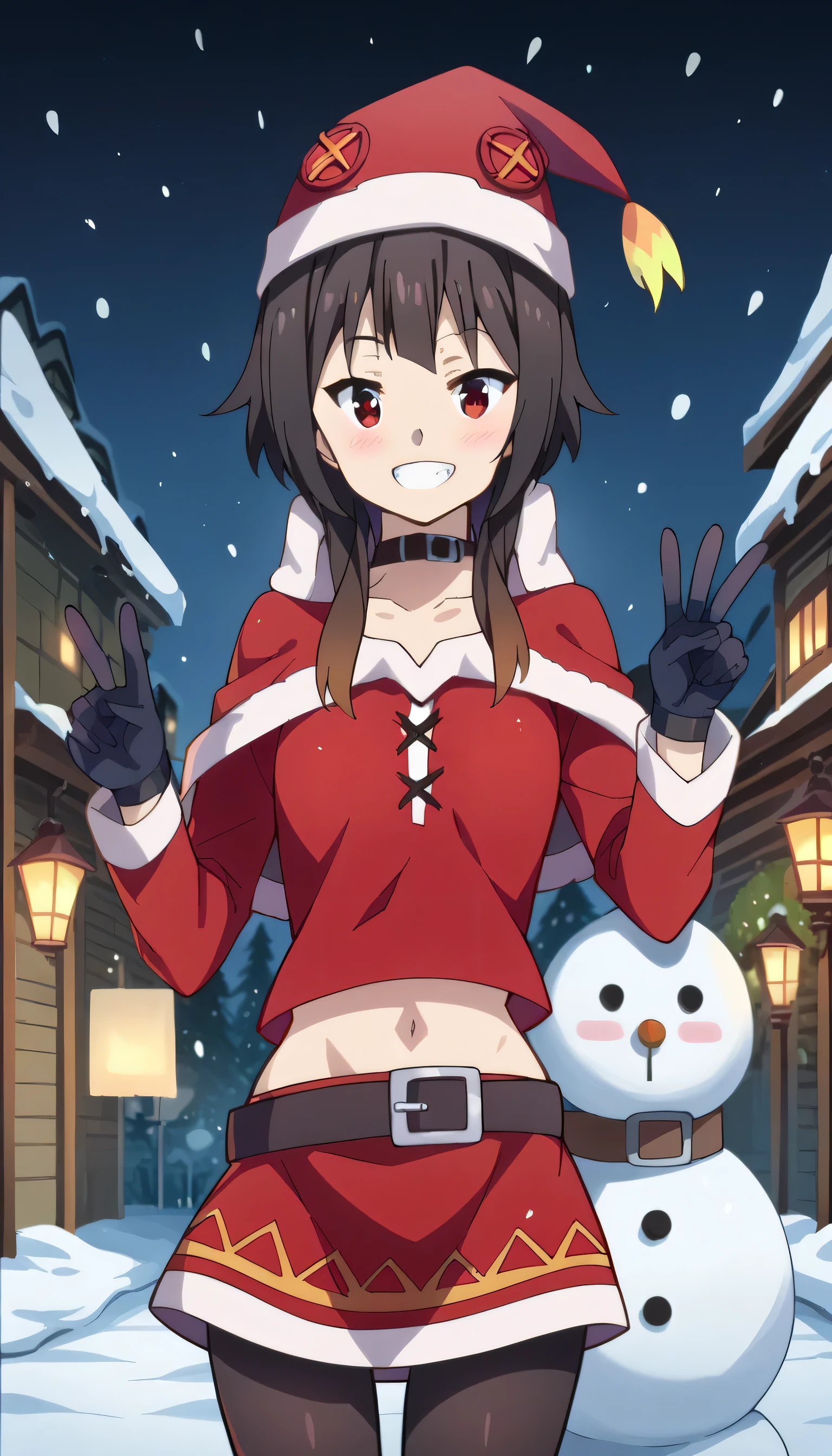 1girl, snowman, solo, pantyhose, hat, , gloves, santa_costume, santa_hat, smile, looking_at_viewer, christmas, black_gloves, navel, sack, snow, , skirt, midriff, snowflakes, fur_trim, blush, black_pantyhose, , snowing, belt, breasts, v, grin, night, bangs, collarbone, outdoors, red_skirt, medium breasts,megumin, short hair, black hair, red eyes, side locks, long locks