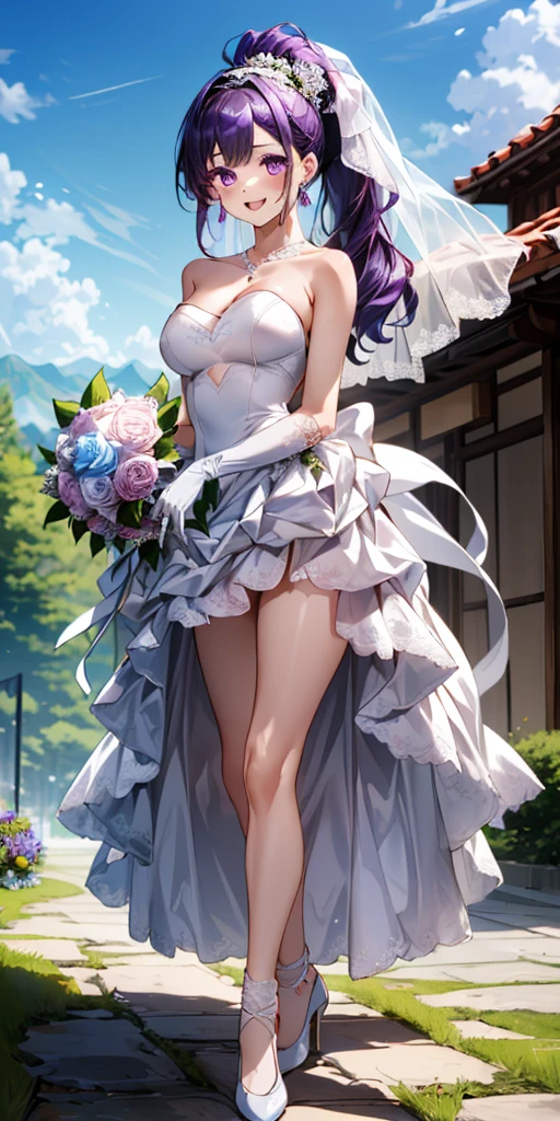cutesexyrobutts style, 1girl, umbrella, rose, bird, solo, flower, dress, thighhighs, wedding_dress, high_heels, red_rose, white_dress, dove, white_thighhighs, veil, gloves, breasts, bare_shoulders, full_body, red_flower, sitting, closed_umbrella, cleavage, bouquet, long_hair, eyepatch, holding, elbow_gloves, closed_mouth, purple_hair, bangs, white_flower, looking_at_viewer, white_gloves, petals, feathers, cloud