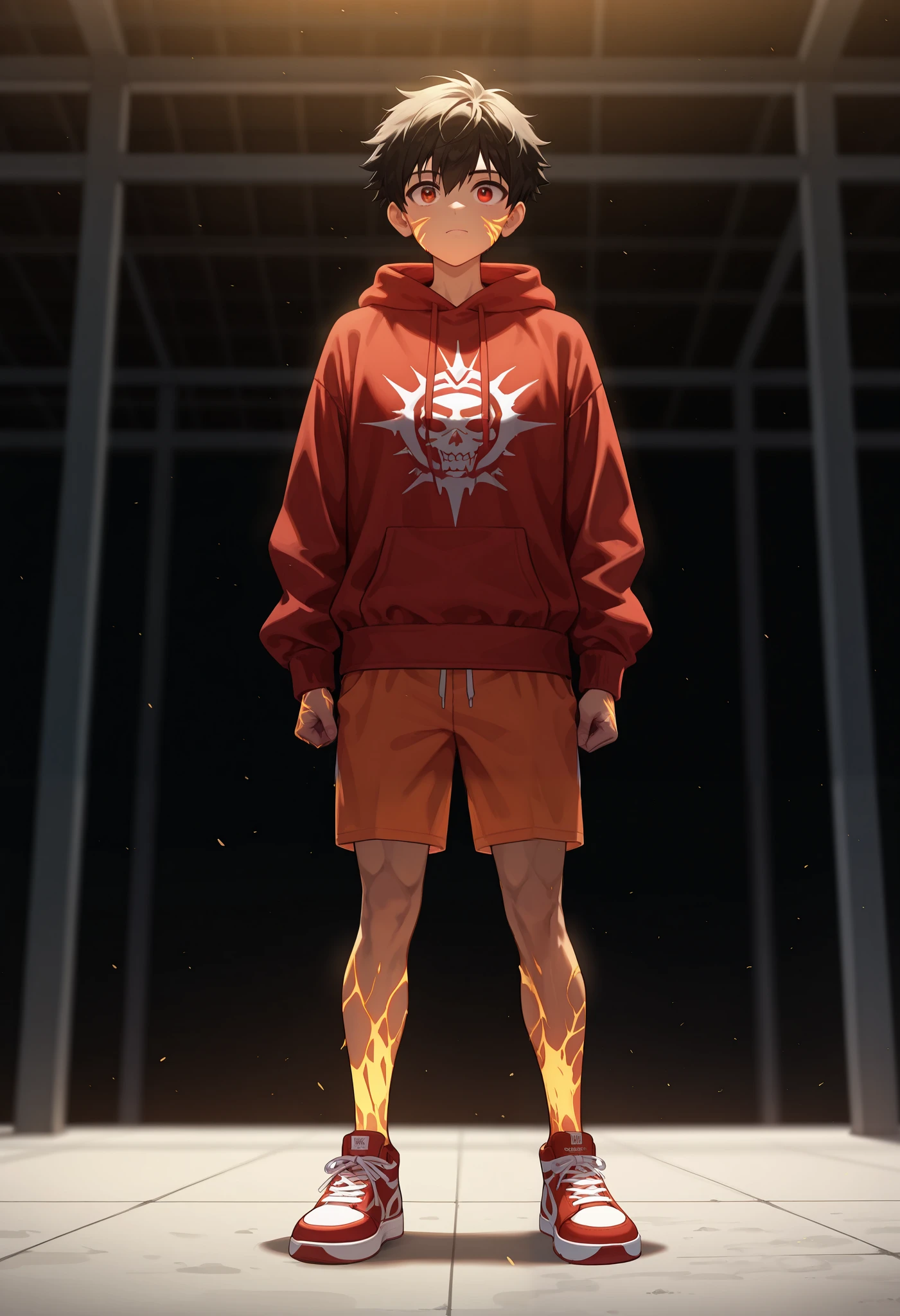  top quality, Intricate details,  Anime Characters、 depth of field,  1 boy,  black hair,  orange shorts showing from the front、Red sneakers、 I'm wearing a red and blue hoodie,whole body、 standing、Muscular、 sunburned skin、 are shown directly from the front