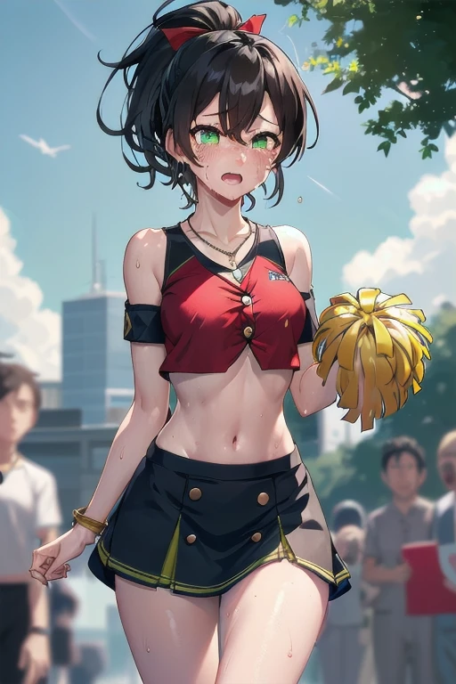 Breathing _Local ,Medium chest, black hair, long hair, ponytail,Green eyes,(Cheerleader, Crop top,  ultra mini skirt ,  bare shoulders ) ,( divides sweaty skin :1.1), outdoors,Sunshine,  spotlight effect ,bright sky,  blue sky with clouds ,gale,( high resolution, High quality:1.1),  Complex Details ,  cinematic lighting , 1 woman,(red ball,Crying sound),(necklace, bracelet),( Remote  플레이:1.2), ( Remote _oscillate:1.2), (( holding the button at the bottom left of the screen {x} holding the button at the bottom left of the screen:1.3))、