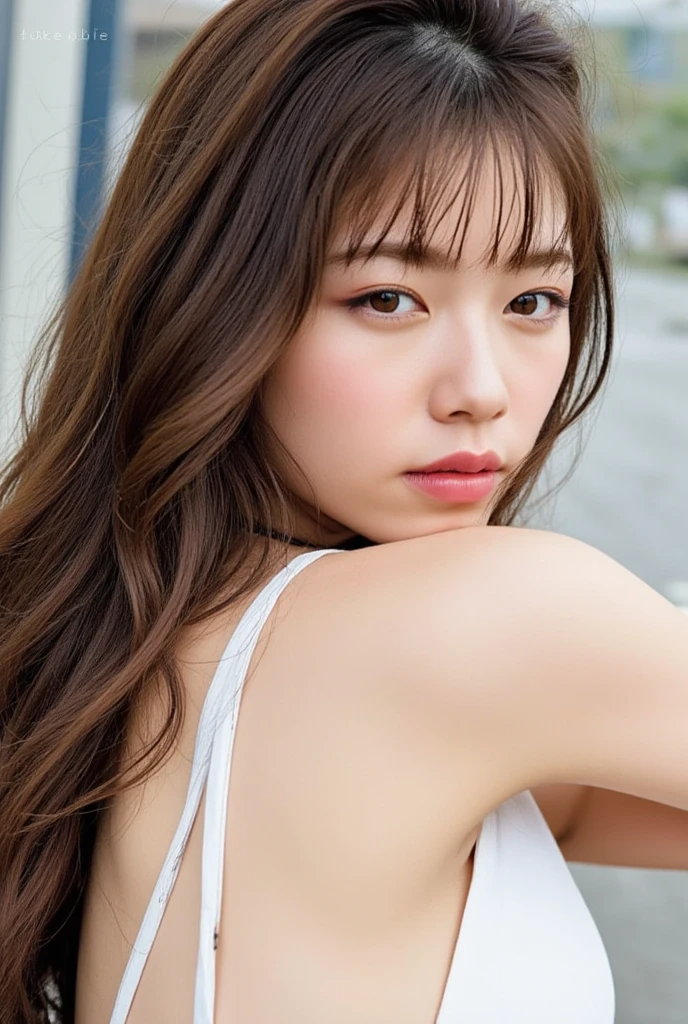 standing on the beach, (full body, back view:1.8), (Looking Over Shoulder), long hair, wavy hair, brown hair, 風になびく髪, arms up, missing fingers, ((Sling Bikini)), white bikini, slender body, curvy body, arched back, Booty Pose, (stick out butt:1.3), ((T-Back Bikini)), beautiful ass, beautiful back, beautiful thighs, thin thighs, leggy