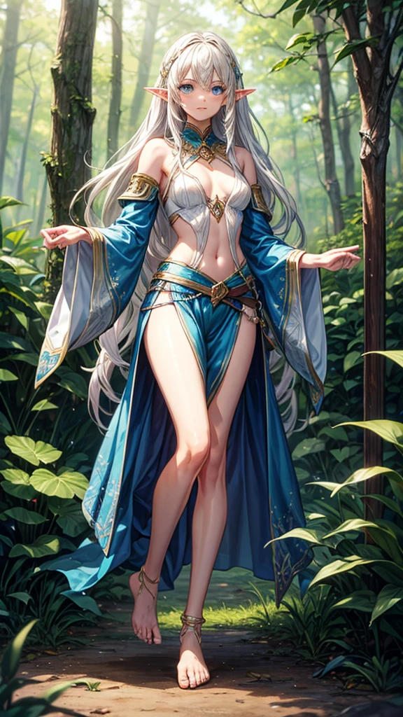 masterpiece,Highest quality,Very detailed,Running Elf Girl,Luxurious white dress,Blue Cape, teenager,Long straight silver hair,Beautiful and detailed eyes,skinny,Small breasts, full body,Dynamic,Forest Lakeside