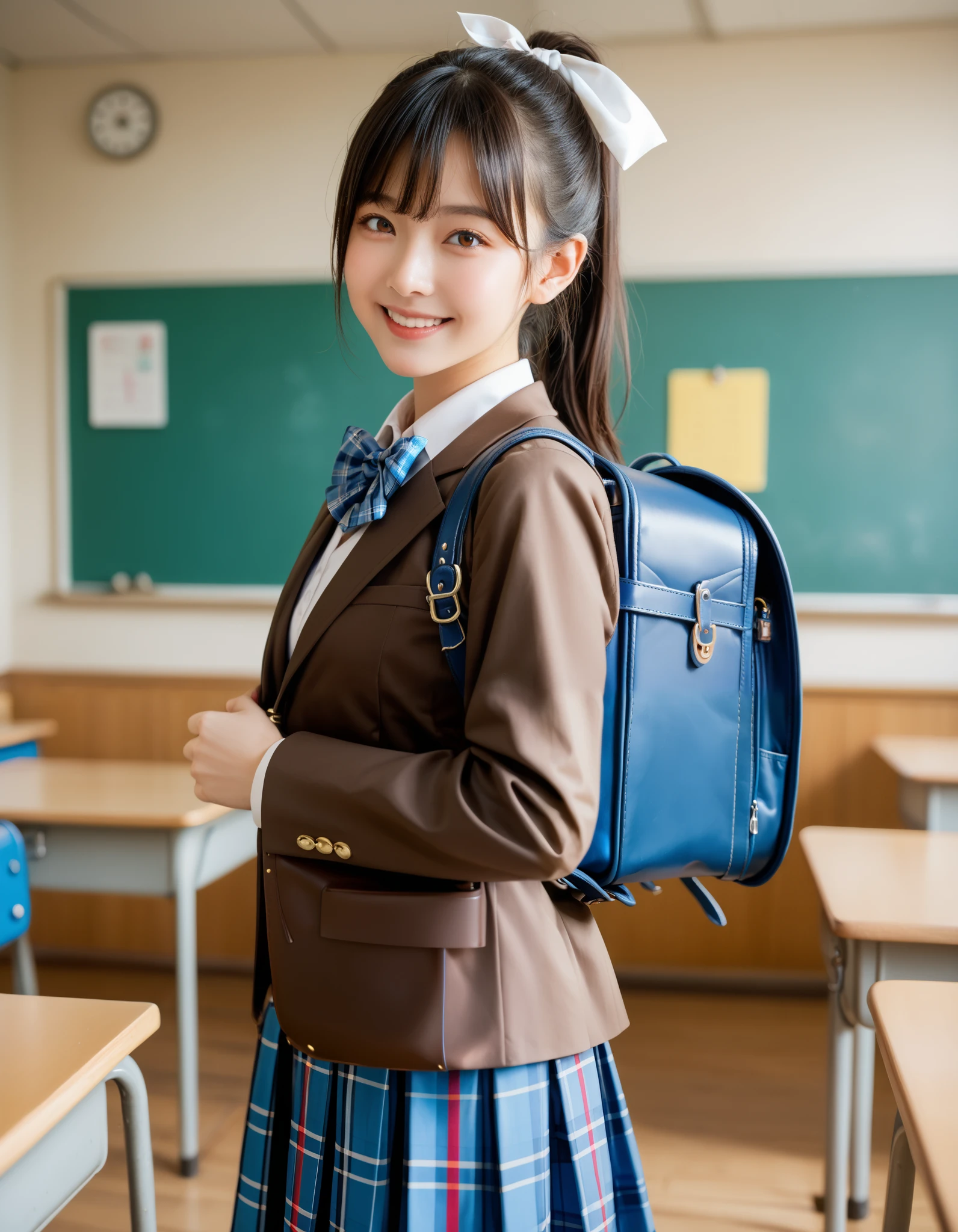 Masterpiece, hd, 1girl, black hair, brown eyes, ponytail, bangs, hair ribbon, brown blazer, white collared shirt,vest, blue bowtie,blue plaid skirt, standing, indoor, smile, classroom, wearing randoseru backpack, brown backpack, looking at viewer 