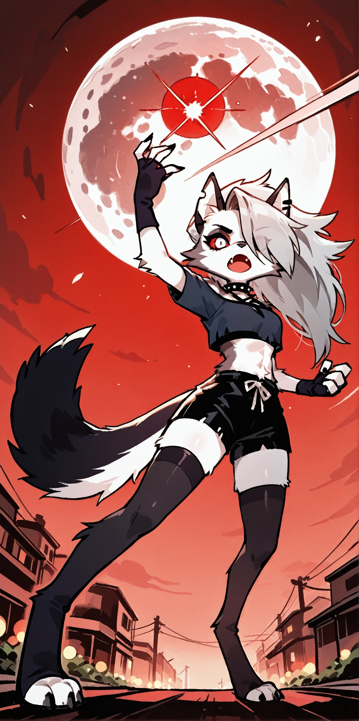 solo,1girl\((red sclera:1.3),(white eyes:1.3), Loona, Loona\(Helluva Boss\),hellhound, muzzle, Anthro, furry, thigh highs, fingerless gloves, Shorts, Crop top, (hair over one eye:1.3), (fang:1.4), sharp teeth,(tongue:1.3),(full body),(abs:0.8),long nails,detailed face,(detailed fur:1.3),shiny fur,shiny skin,dynamic pose,(dynamic action pose:1.5),in the air\).dynamic angle. score_9, score_8_up, score_7_up, score_6_up, score_5_up, score_4_up, source_anime,source_furry,rating_safe,rating_questionable,masterpiece, best quality, perfect anatomy , very aesthetic , absurdres .limited palette.red filter.gothic horror mood.full moon.(dynamic angle:1.3), Hong Kong action cinema style,great focus,great bokeh,motion blur,(from below:1.3)