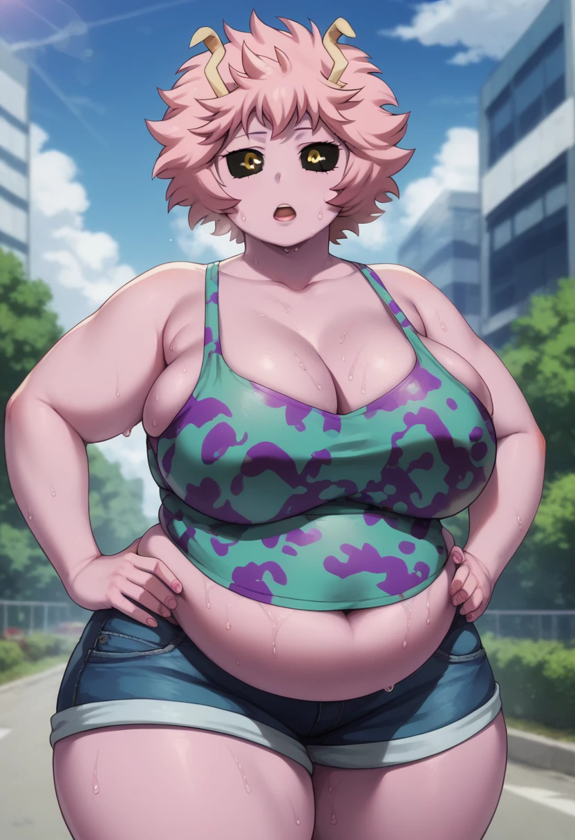 mina ashido, 1girl, solo, long hair, purple tanktop, blue jeans shorts, half body, pink hair, horns, open eyes, yellow eyes, pink skin, bbw, plump, large belly, large breasts, large thighs, wide hips, weight gain, out of breath, open mouth, sweaty, tired expression, sexy, hands on hips, looking at viewer, wet with sweat, drenched in sweat