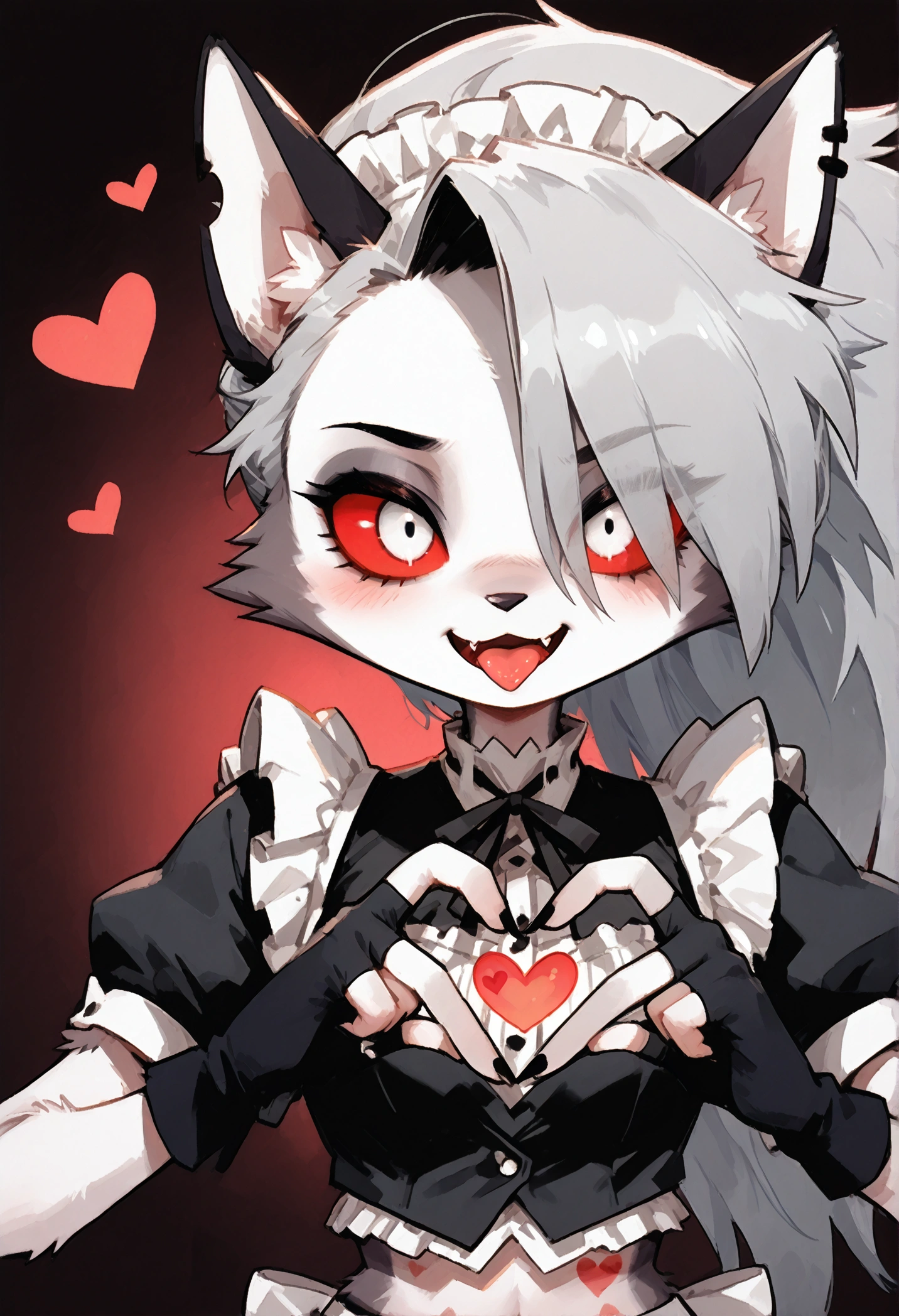 solo,1girl\(cute,(red sclera:1.3),(white eyes:1.3), Loona, Loona\(Helluva Boss\),hellhound, muzzle, Anthro, furry, thigh highs, fingerless gloves, (Maid costume), Crop top,amazed. (shy:1.2), (hair over one eye:1.3), (fang:1.4), sharp teeth,(tongue:1.3),(close-up of face:1.5),(abs:0.8),long nails,detailed face,(detailed fur:1.3),shiny fur,shiny skin,(heart hands:1.3),cute pose, villan\).dynamic angle. score_9, score_8_up, score_7_up, score_6_up, score_5_up, score_4_up, source_anime,source_furry,rating_safe,rating_questionable,masterpiece, best quality, perfect anatomy , very aesthetic , absurdres .( cute background).(many heart marks:1.5),(high brightness),(soft blur) effect