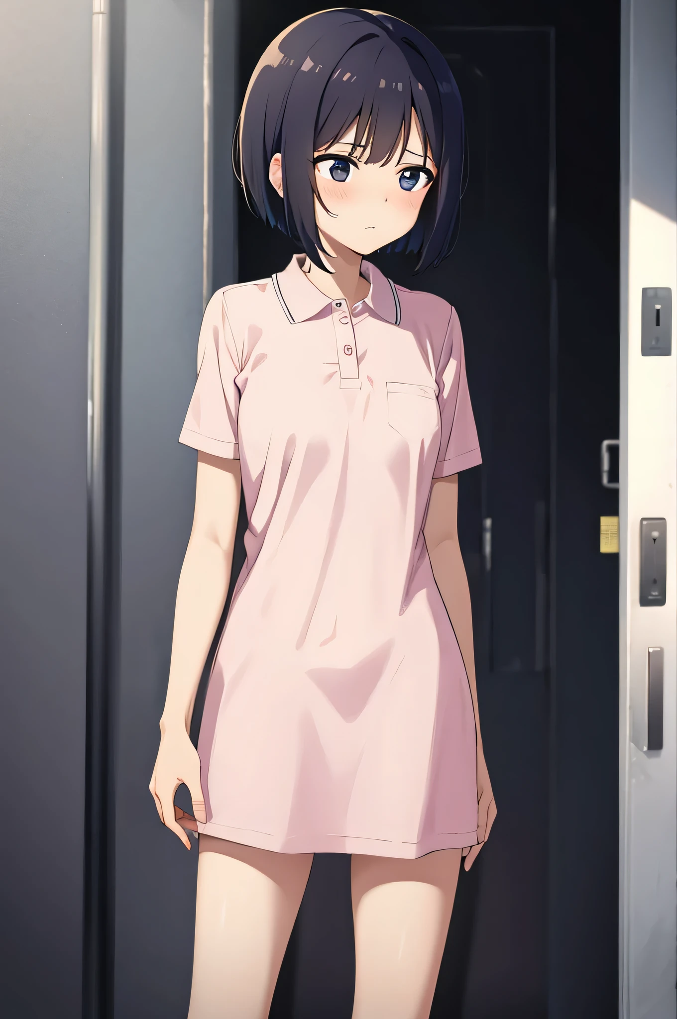 One woman, blush, Sweat Embarrassed Smile Showing Nipples Front, Short Hair, Black Hair, feel flat chest pubic hair 8k, Very detailed, 16K, (naked), City walk, black eyes, pink polo shirt, short sleeves, naked lower body, no underwear, completely naked, hands under clothes, looking at me (Showing pussy:1.4), (Please hold up your pink polo shirt:1.3), Her pussy is fully visible through her navy blue pink polo shirt