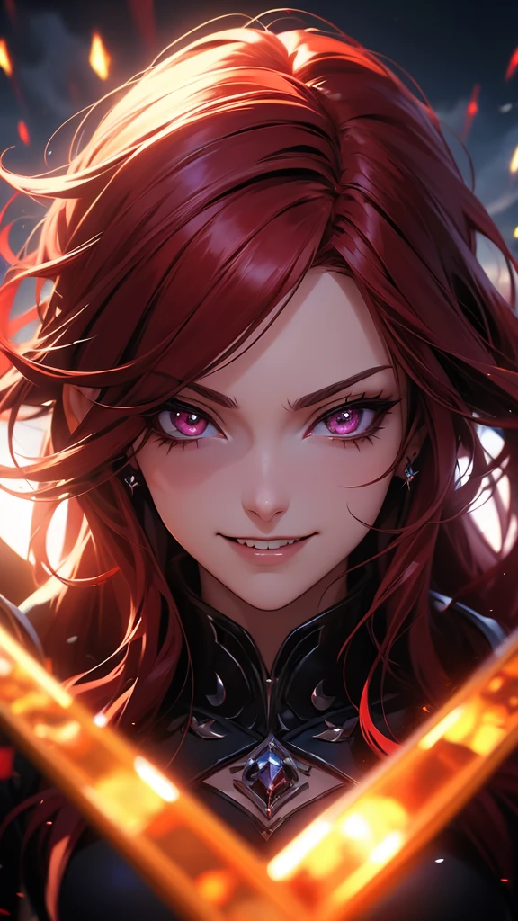 Princess of darkness with bloodshot eyes, Red Hair,  crowns,  Evil Smiles ,  anime style,  lens flare,  high detail,  First-Person Perspective ,  Cinematic Lights ,   Masterpiece ,  super detailed,  top quality, 8k,  super high resolution