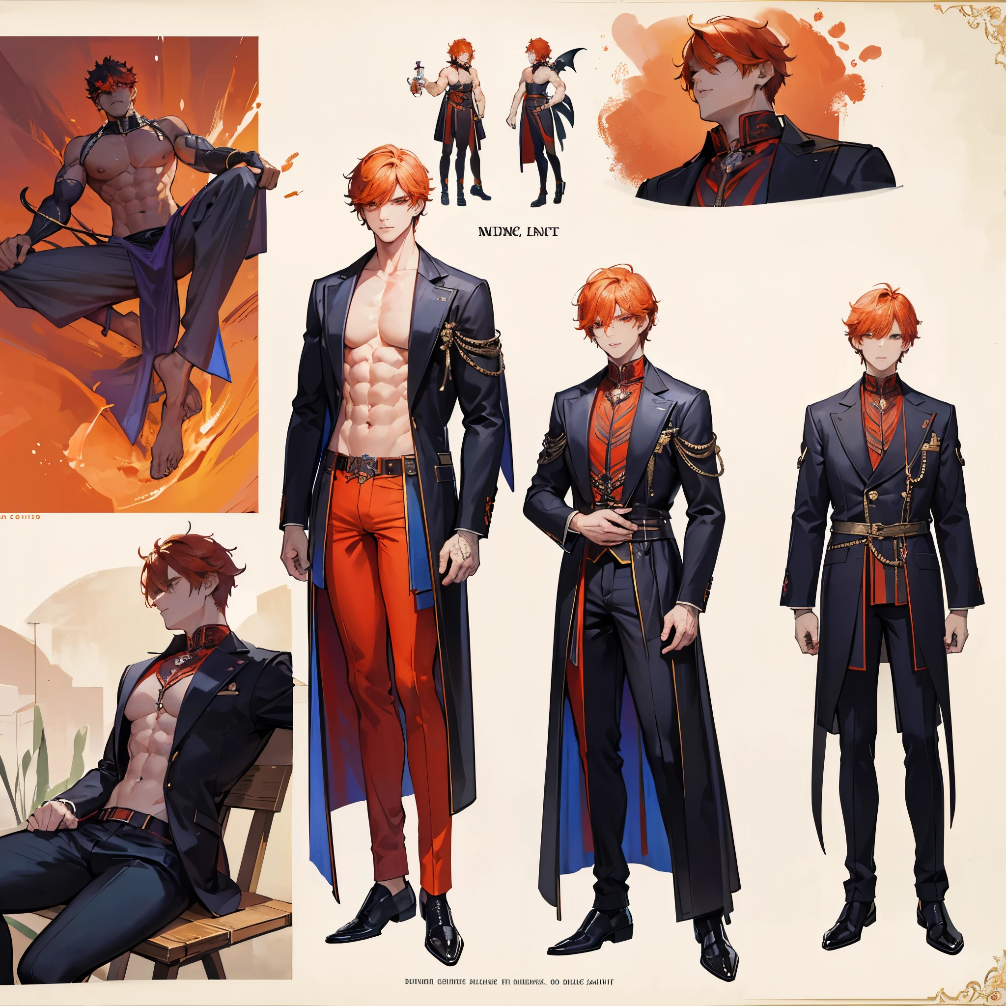 (Masterpiece, best quality), detailed, 1 man, ((character concept art)), ((character design sheet, same character, front, side, back)), full body, body complete, 1 Male angel, 1 Man angel, Detailed face, character design sheet,full bodyesbian, Highly detailed, character sheet, character design, Many parts, dark skin, angel wings, short orange hair, angel outfit, muscle male god, male clothes, masculine, muscle man, male muscle, manly, male angel, Muscle male with short orange hair,beautiful man, beautiful muscle man