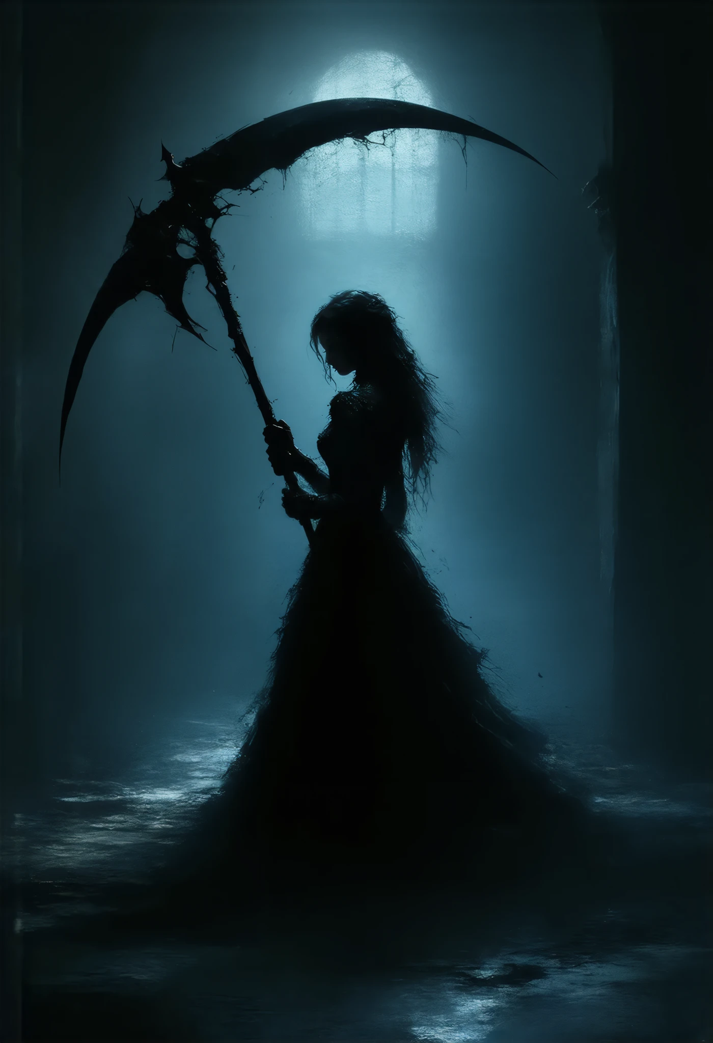 masterpiece, best quality, 8k, highres, ultra-detailed, HDR, UHD, ultra-fine painting, Gothic illustration style,, Chiaroscuro, dark gothic, Gothic Art style, Chiaroscuro,BREAK, 1girl, gothic dress, black lace, from front,upper body,flowing fabric, Precise modeling large scythe\(double-handed grip\), (scythe swinging), A depiction that conveys a sense of speed,Dynamic Motion Blur,intense energy,look st viewer, BREAK,abandoned hospital\(cracked walls, peeling paint, broken windows, torn curtains, rusted wheelchair, fallen IV stand, shattered medicine bottles, scattered medical files, dim flickering fluorescent lights, eerie silence, drifting mist, dusty floor, long shadows, moonlight through broken glass, bloodstains and handprints on walls,frost-covered surfaces, old hospital signs, stopped clock\),cold and ominous atmosphere.
