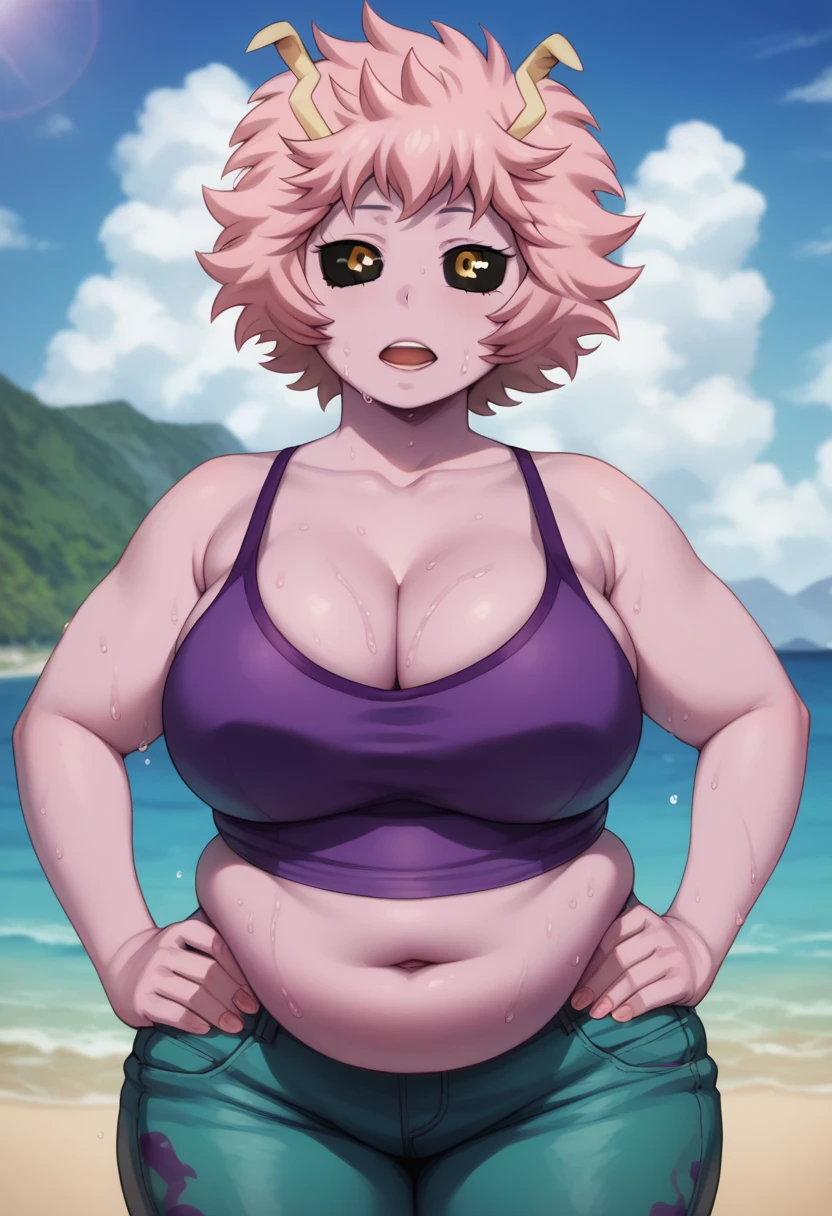 mina ashido, 1girl, solo, long hair, purple tanktop, blue jeans shorts, half body, pink hair, horns, open eyes, yellow eyes, pink skin, bbw, plump, large belly, large breasts, large thighs, wide hips, weight gain, out of breath, open mouth, sweaty, tired expression, sexy, hands on hips, looking at viewer, wet with sweat, drenched in sweat