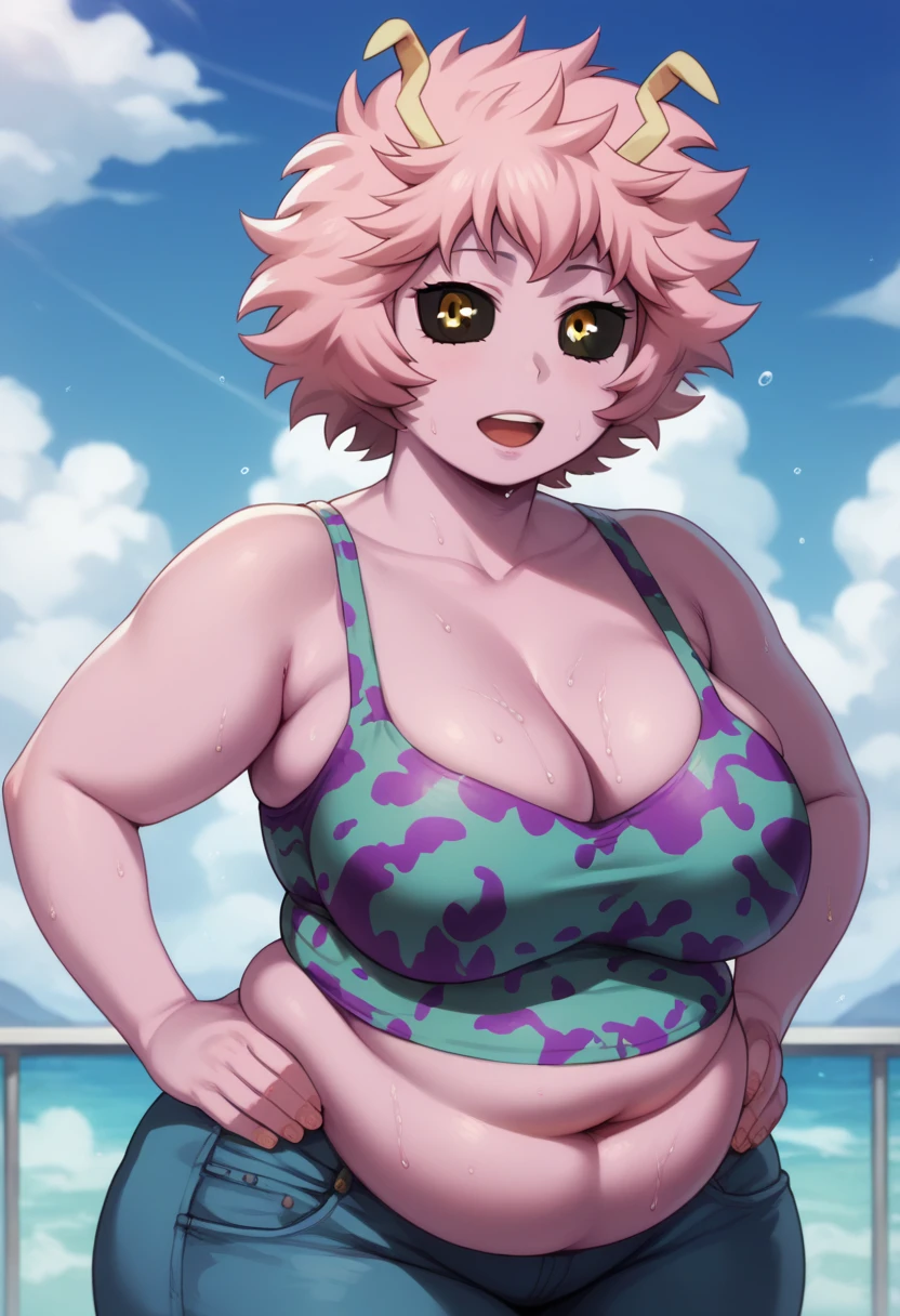 mina ashido, 1girl, solo, long hair, purple tanktop, blue jeans shorts, half body, pink hair, horns, open eyes, yellow eyes, pink skin, bbw, plump, large belly, large breasts, large thighs, wide hips, weight gain, out of breath, open mouth, sweaty, tired expression, sexy, hands on hips, looking at viewer