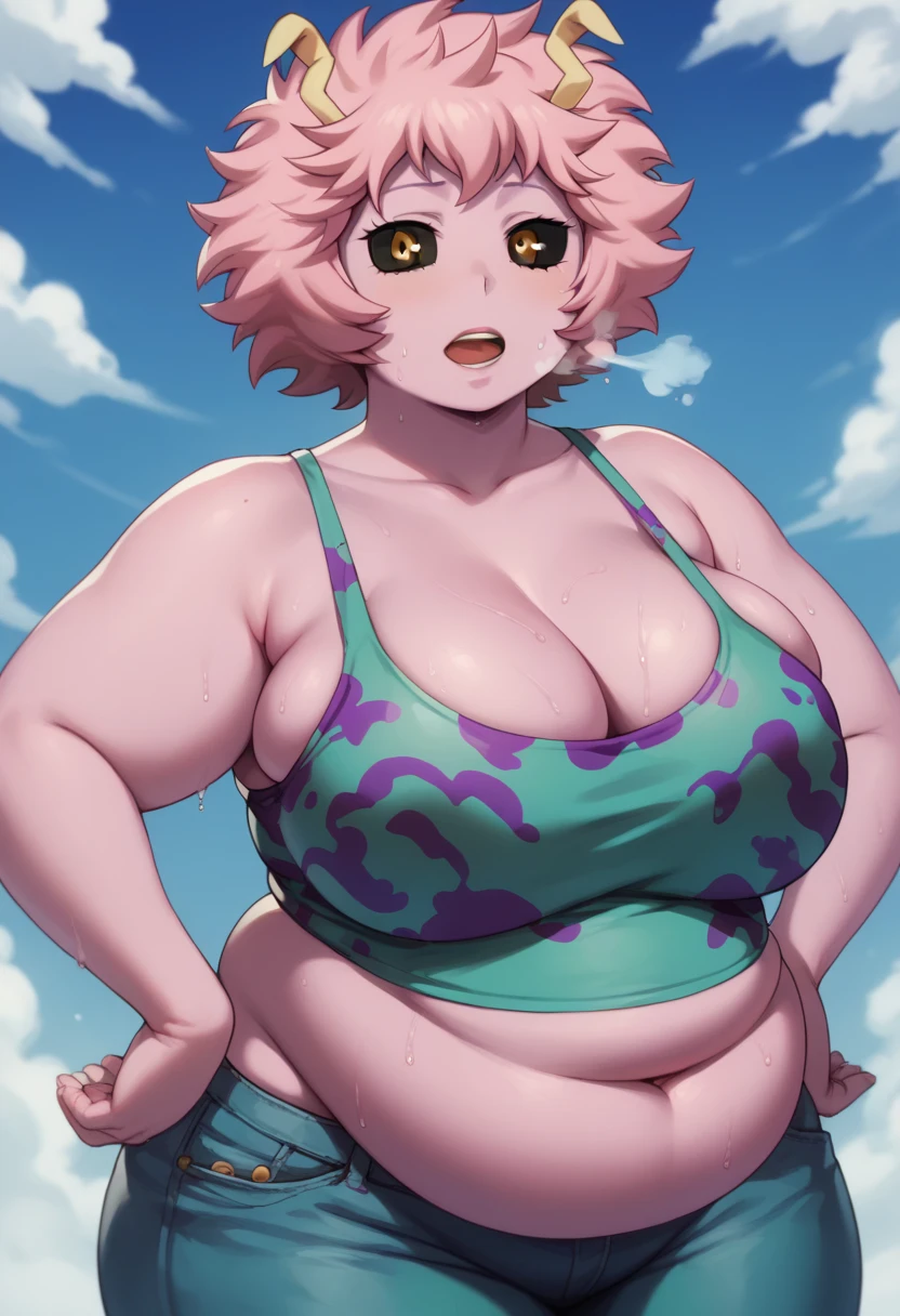 mina ashido, 1girl, solo, long hair, purple tanktop, blue jeans shorts, half body, pink hair, horns, open eyes, yellow eyes, pink skin, bbw, plump, large belly, large breasts, large thighs, wide hips, weight gain, out of breath, open mouth, sweaty, tired expression, sexy, hands on hips, looking at viewer