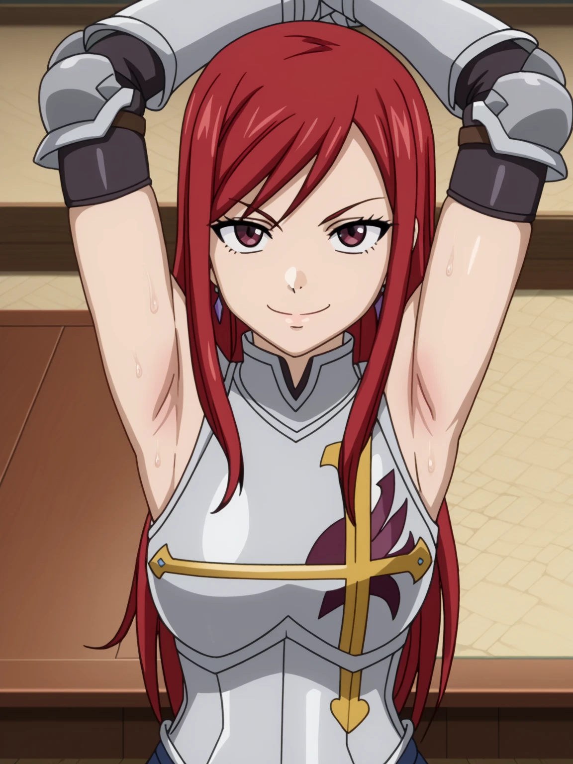 score_9, score_8_up, score_7_up, source_anime, anime screencap, 1girl, solo, Erza_Scarlet_First, brown_eyes, red_hair, long_hair, large_breasts, armor, breastplate, gauntlets, armored_dress, sleeveless, arms up, raised arms, armpits, looking at viewer, smile, closed mouth, indoors, from above, badhandv4, sweaty armpits