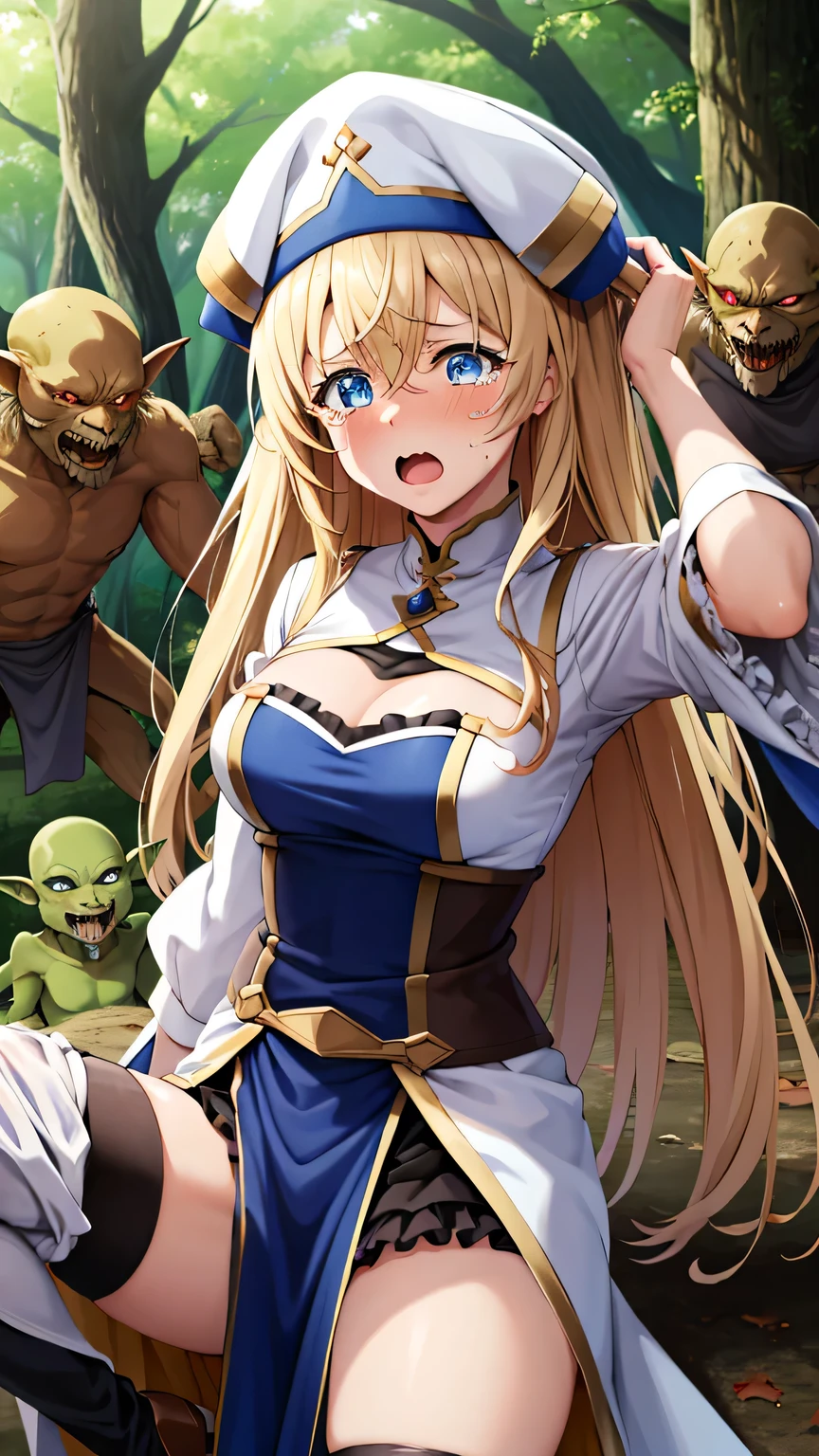 NSFW, guild girl, long hair, blond hair, (yellow eyes:1.5), medium breasts, skirt, shirt, long sleeves, white shirt, black skirt, vest, long skirt,,Embarrassed,blush,(Perfect hands),(Perfect Anatomy),(masterpiece),(highest quality),in the forest,One man,being molested by a goblin,A goblin is groping her breasts, (surrounded many goblins:1.3) ,I feel pleasure, (crying:1.6), (orgasm:1.3),(Having sex:1.2),Creampie, Are standing ,Leaning forward