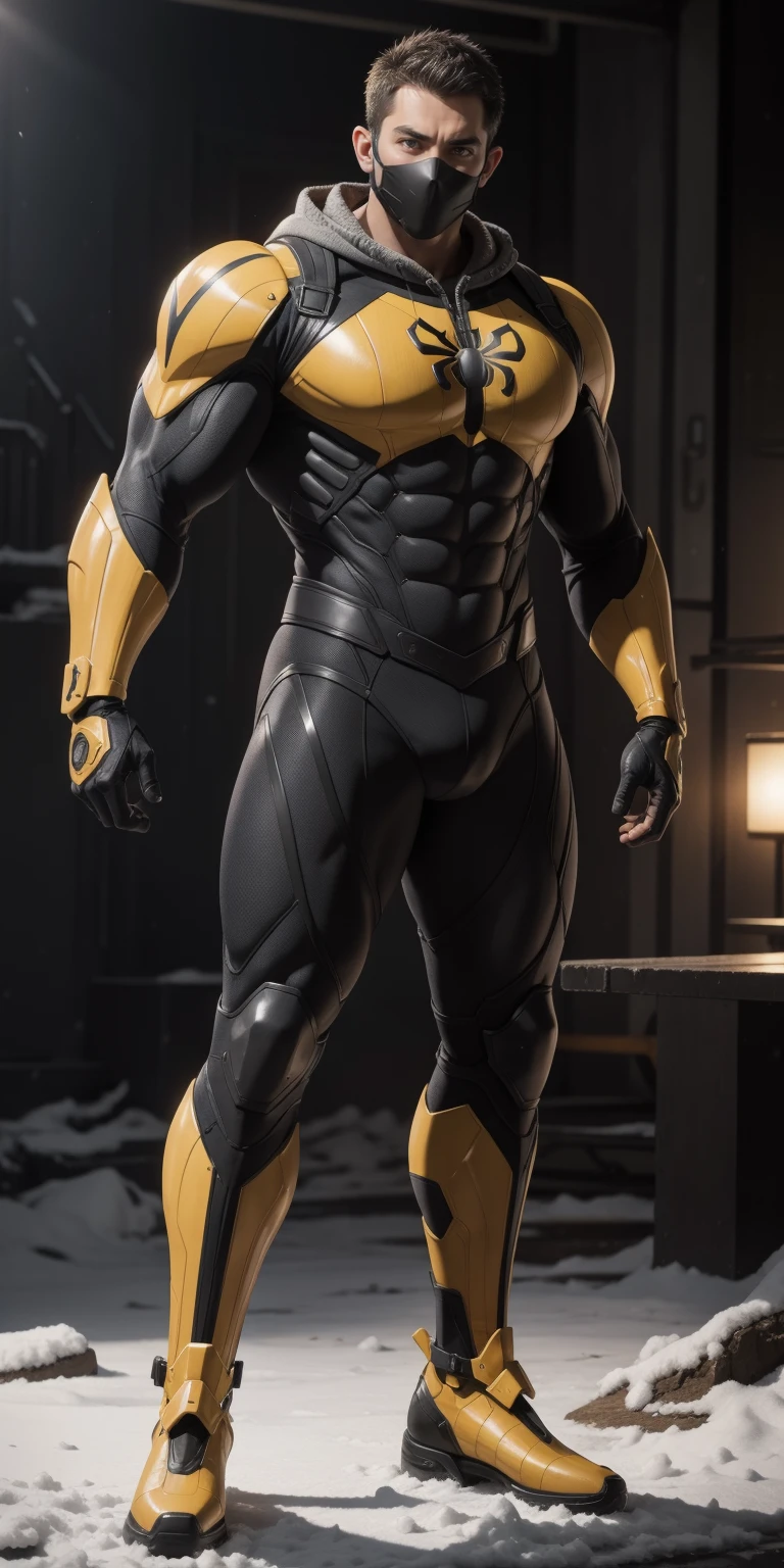 Tall giant muscular police officer,Yellow and black honeycomb network pattern nano mecha,honeycomb pattern,Lightweight texture,character concept(Resident Evil - chris redfield,chris redfield)senior police officer,small grid texture,regular symmetrical texture pattern,sad expression,Deep and charming eyes,Emerald Eyes Hero,heroic male pose,高大burly,muscular!Charming leg muscles,High, burly, Heqiang, Super gain and cool, high resolution committee, Bigfoot yellow and black ultra-thin nano mechanical boots,Charming strong man,The bright sunshine is shining on you,matte particles,shiny texture