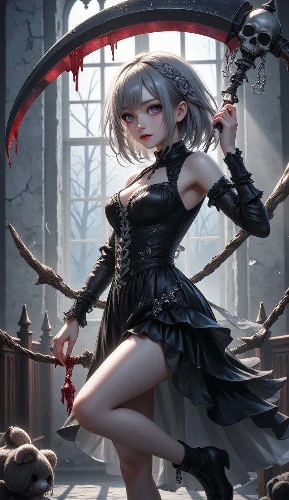 masterpiece, best quality, 8k, highres, ultra-detailed, HDR, UHD, ultra-fine painting, Gothic illustration style,dark fantasy theme, dark gothic theme, Gothic Art style, Chiaroscuro,BREAK, 1girl\(gothic style\), 180cm height,Absurdly beautiful and tall,great figure,side bang,from front,full body,gothic dress,blood on leg, large death scythe double-handed grip, Dynamic Motion Blur, BREAK,death scythe\(perfect shape,blood on weapon, Skull decoration handle dy chain,intense energy\), BREAK, desolation church\(cracked walls, broken windows, torn curtains, rusted wheelchair, fallen IV stand, eerie silence, drifting mist, dusty floor, long shadows, moonlight through broken glass , (bloodstains:1.45),handprints on walls, (elaborate stuffed teddy bear lies on the floor, covered in blood),BREAK,cold and ominous atmosphere, Dark gothic atmosphere, faith rule, insanity CG