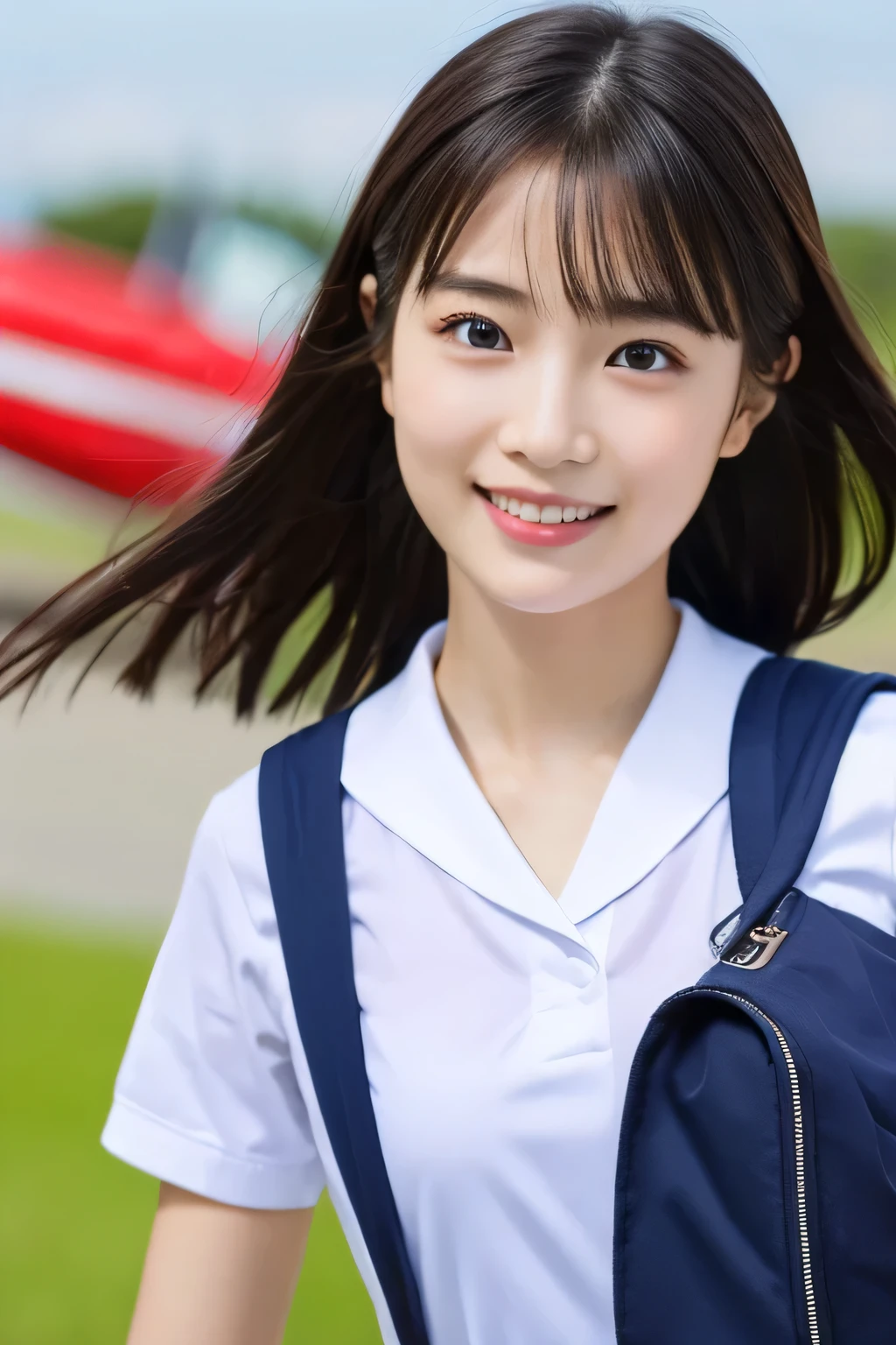 (Beautiful girl walking to school  :1.5), baby face, ( top quality:1.4), ( very detailed), ( very detailed美しい顔), Carrying a school sports bag ,  evenly arranged eyes , ( short sleeve sailor suit :1.3), (  School Uniforms :1.3), smile, Beautiful face and eyes, iris,  short haired ,  Japanese Beauty, (Skinny body type:1.5), smooth,  very detailed CG synthesis 8k wallpaper,  high-resolution RAW color photo, Professional photography, light, Backlight, Dreamy, Impressive,  written boundary depth, ( face close-up :1.4), ( other than an airplane:1.5)