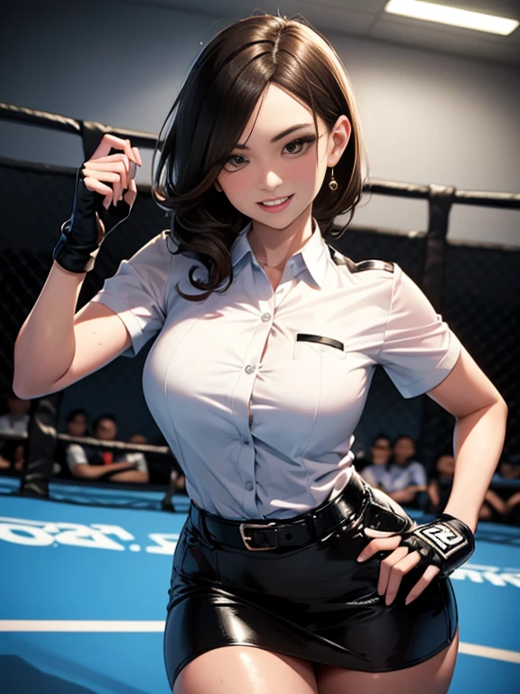 masterpiece, best quality, beautiful office-lady vs male opponent, Intergender MMA fight, femdom fight, perfect body, very naughty face, attacking scene, formal-office-lady-blouse-skirt costume active fighter, fingerless gloves, open mouth, seductive grin smug smile, looking down, active closer, glistening shiny skin, light-brown hair, sweat, panic beg viewer, from below, depth of view, at office