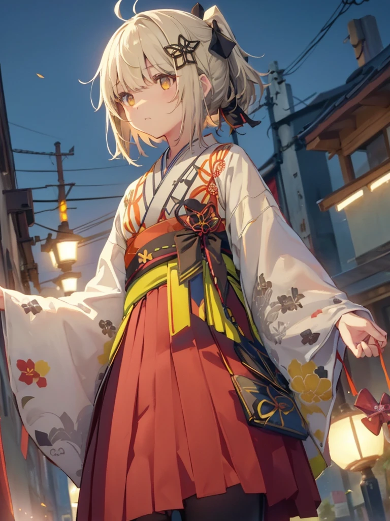 (One middle school girl)、scene_ Arknights、 , hair_ ornament, short_hair、 ponytail tied with black ribbon、yellow_eye,8k、、 top quality, masterpiece,  high definition , Alone、 perfect anatomy 、(whole body)、The background is an old Japanese city 、On the street、(White Japanese kimono:1.2)、( red skirt :1.2)、 black boots、