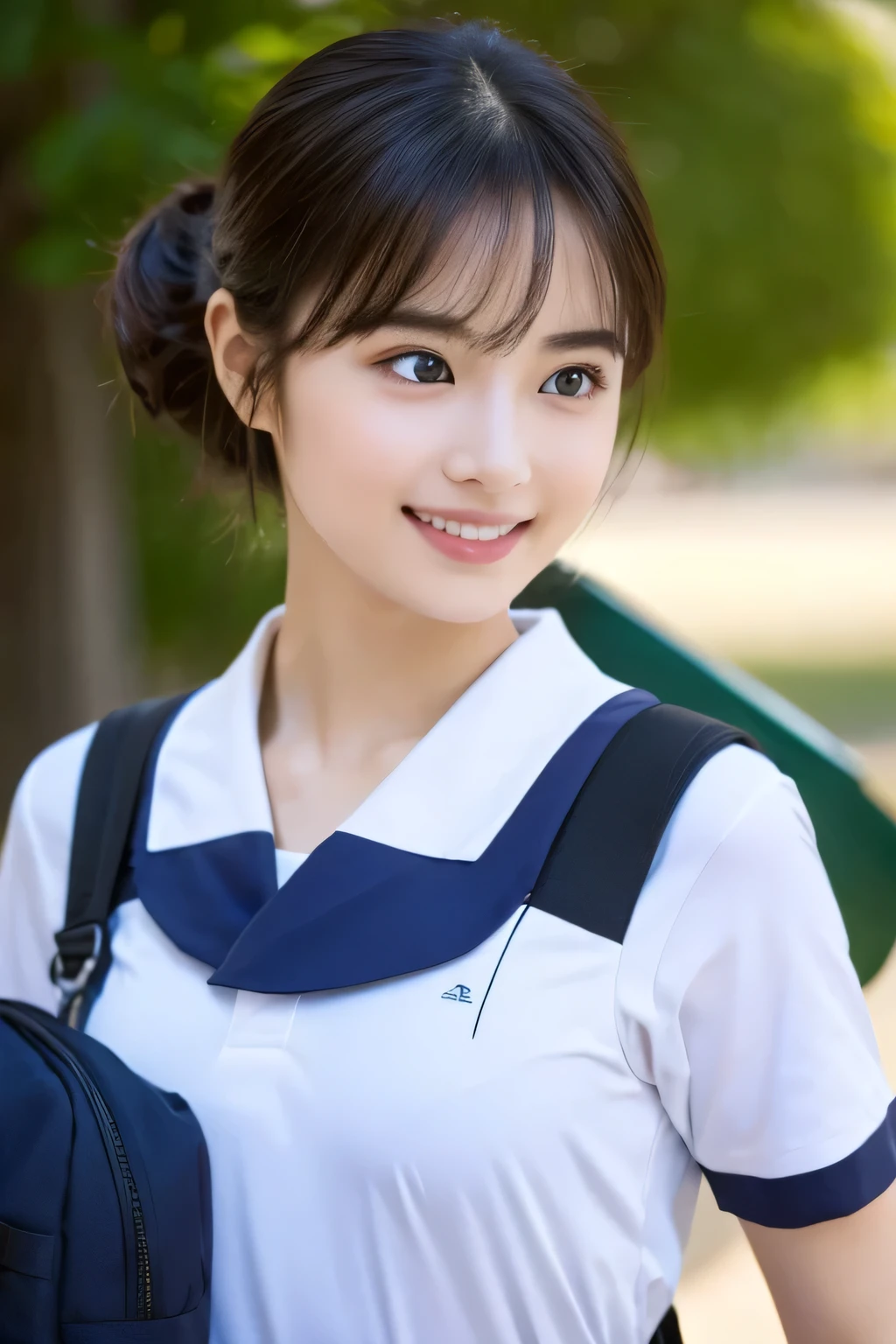 (Beautiful girl walking to school  :1.5), baby face, ( top quality:1.4), ( very detailed), ( very detailed美しい顔), Carrying a school sports bag ,  evenly arranged eyes , ( short sleeve sailor suit :1.3), (  School Uniforms :1.3), smile, Beautiful face and eyes, iris,  short haired ,  Japanese Beauty, (Skinny body type:1.5), smooth,  very detailed CG synthesis 8k wallpaper,  high-resolution RAW color photo, Professional photography, light, Backlight, Dreamy, Impressive,  written boundary depth, ( face close-up :1.4), ( other than an airplane:1.5)