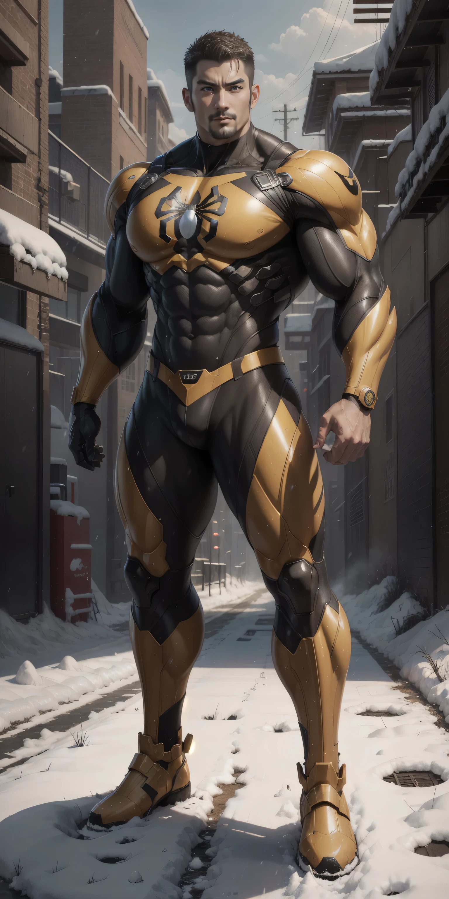 Man in yellow and black clothes standing on the sunny beach, muscular man, American round inch, Buzz cut, muscular! Wearing black sunglasses, mechanical mask, round head Buzz Cut, stealth suit, symmetrical pattern texture design, best picture quality and resolution, character design special forces, black military boots, attractive strong men and armor, weaving sunlight shining through the clouds on the body, Li Xiaoxiao