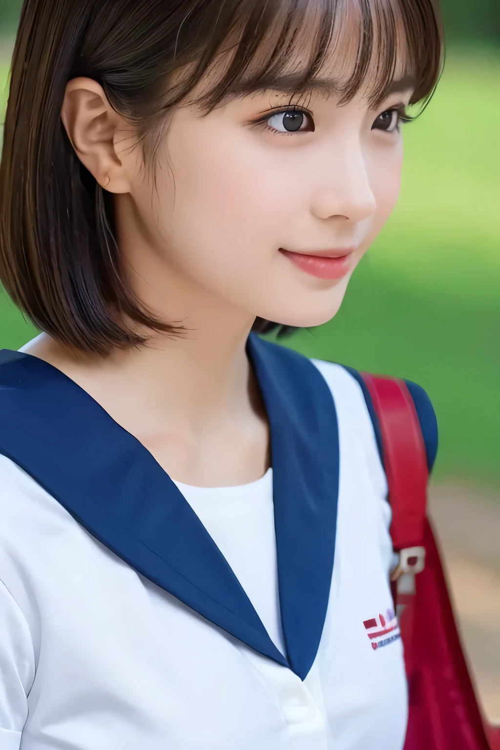 (Beautiful girl walking to school  :1.5), baby face, ( top quality:1.4), ( very detailed), ( very detailed美しい顔), Carrying a school sports bag ,  evenly arranged eyes , ( short sleeve sailor suit :1.3), (  School Uniforms :1.3), smile, Beautiful face and eyes, iris,  short haired ,  Japanese Beauty, (Skinny body type:1.5), smooth,  very detailed CG synthesis 8k wallpaper,  high-resolution RAW color photo, Professional photography, light, Backlight, Dreamy, Impressive,  written boundary depth, ( face close-up :1.4), ( other than an airplane:1.5)