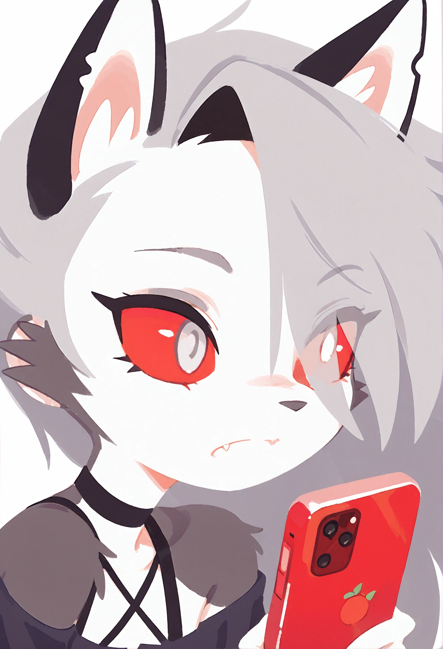 solo,1girl\((red sclera:1.3),(white eyes:1.3), (Loona:1.3), Loona\(Helluva Boss\),hellhound, Anthro, furry, (hair over one eye:1.3), (fang:1.4), sharp teeth,holding red iphone,looking away,(close up of face:1.3),(side view,facial profile)\). score_9, score_8_up, score_7_up, score_6_up, score_5_up, score_4_up, source_anime,source_furry,rating_safe,rating_questionable,masterpiece, best quality, perfect anatomy , very aesthetic , absurdres.simple backgrownd,(flat color,no lineart:1.3)