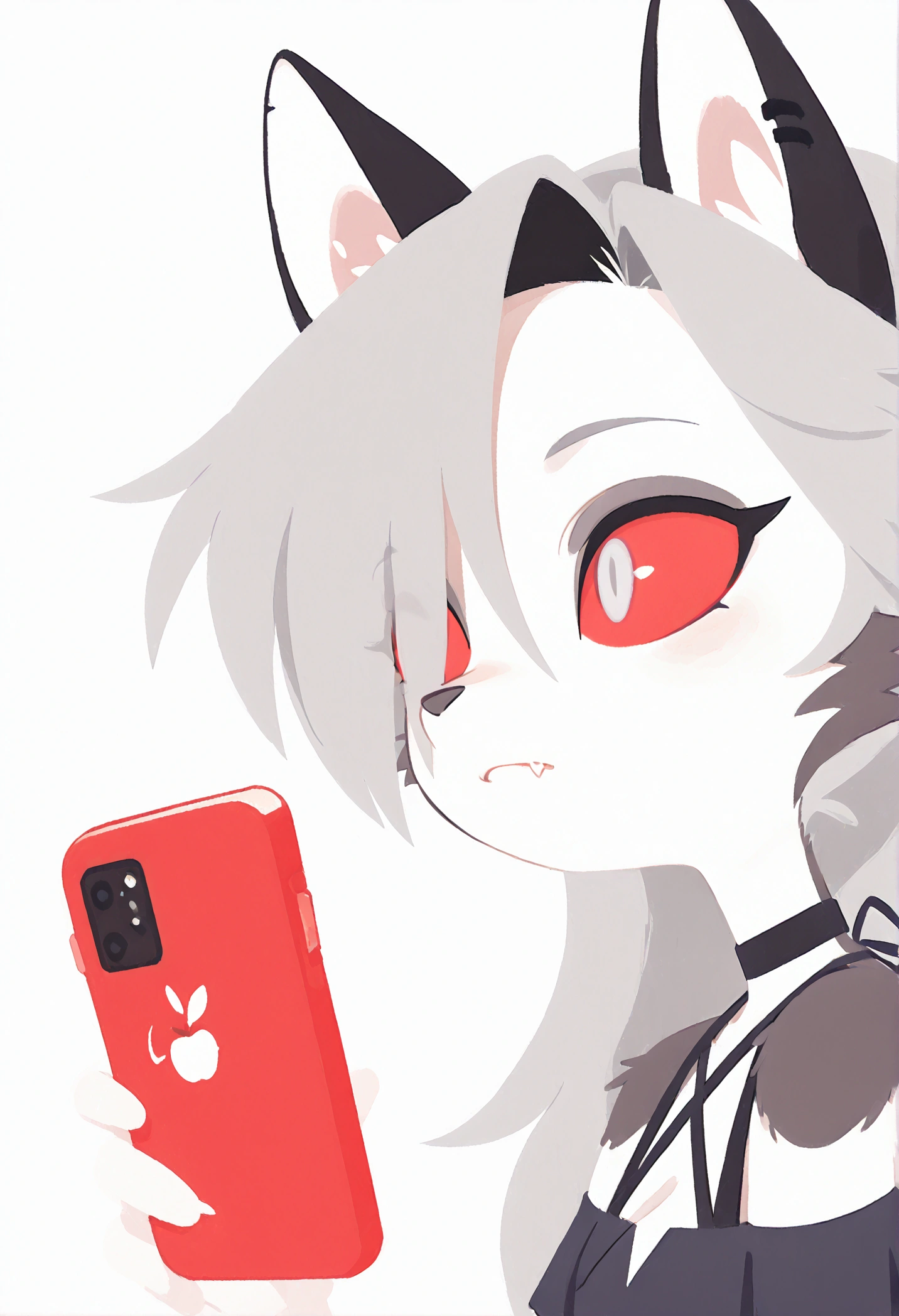 solo,1girl\((red sclera:1.3),(white eyes:1.3), (Loona:1.3), Loona\(Helluva Boss\),hellhound, Anthro, furry, (hair over one eye:1.3), (fang:1.4), sharp teeth,holding red iphone,looking away,(close up of face:1.3),(side view,facial profile)\). score_9, score_8_up, score_7_up, score_6_up, score_5_up, score_4_up, source_anime,source_furry,rating_safe,rating_questionable,masterpiece, best quality, perfect anatomy , very aesthetic , absurdres.simple backgrownd,(flat color,no lineart:1.3)