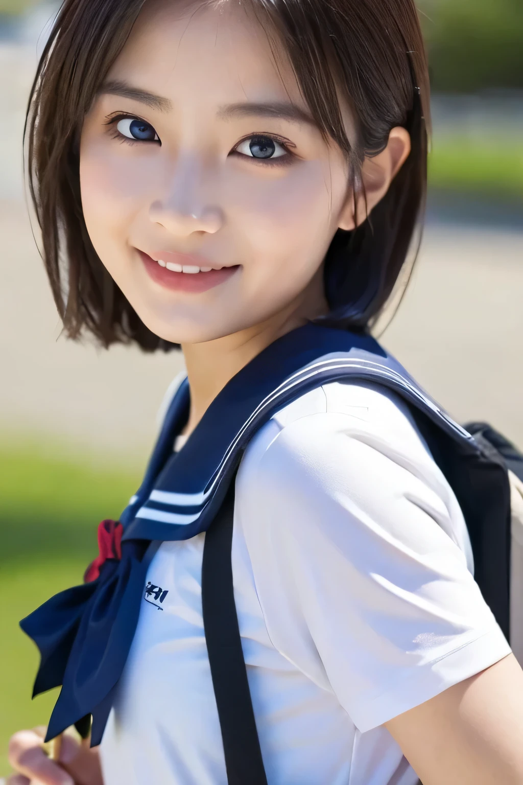 (Beautiful girl walking to school  :1.5), , ( top quality:1.4), ( very detailed), ( very detailed美しい顔), Carrying a school sports bag ,  evenly arranged eyes , ( short sleeve sailor suit :1.3), (  School Uniforms :1.3), smile, Beautiful face and eyes, iris,  short haired ,  Japanese Beauty, (Skinny body type:1.5), smooth,  very detailed CG synthesis 8k wallpaper,  high-resolution RAW color photo, Professional photography, light, Backlight, Dreamy, Impressive,  written boundary depth, ( face close-up :1.4), ( other than an airplane:1.5)