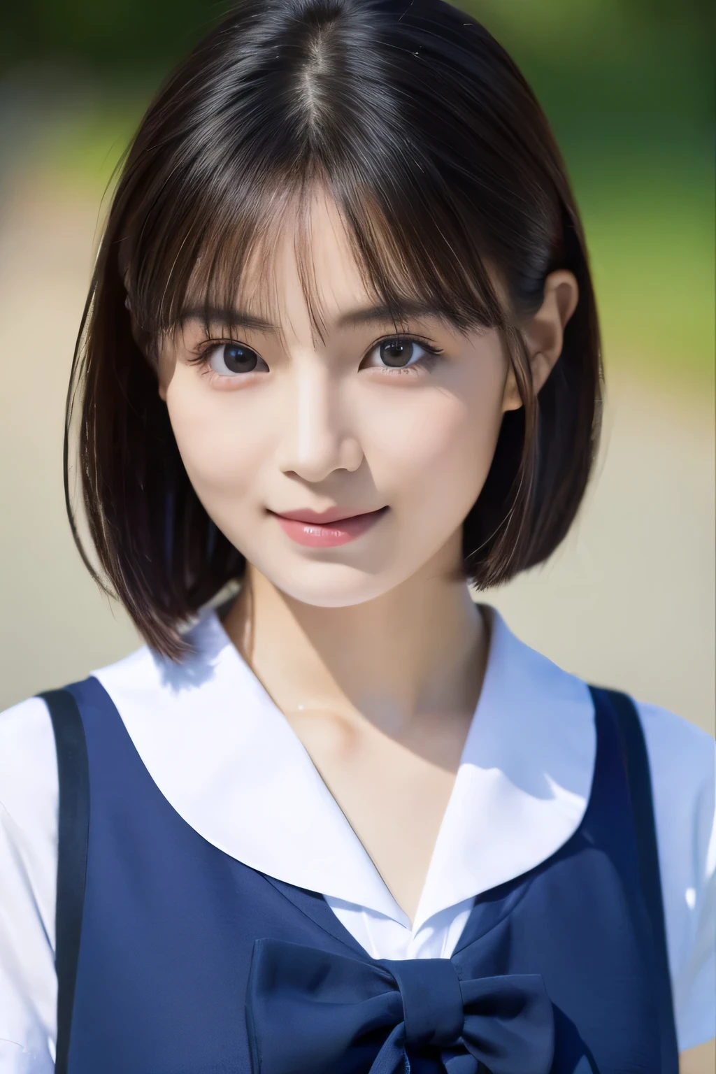 (Beautiful girl walking to school  :1.5), baby face, ( top quality:1.4), ( very detailed), ( very detailed美しい顔), Carrying a school sports bag ,  evenly arranged eyes , ( short sleeve sailor suit :1.3), (  School Uniforms :1.3), smile, Beautiful face and eyes, iris,  short haired ,  Japanese Beauty, (Skinny body type:1.5), smooth,  very detailed CG synthesis 8k wallpaper,  high-resolution RAW color photo, Professional photography, light, Backlight, Dreamy, Impressive,  written boundary depth, ( face close-up :1.4), ( other than an airplane:1.5)