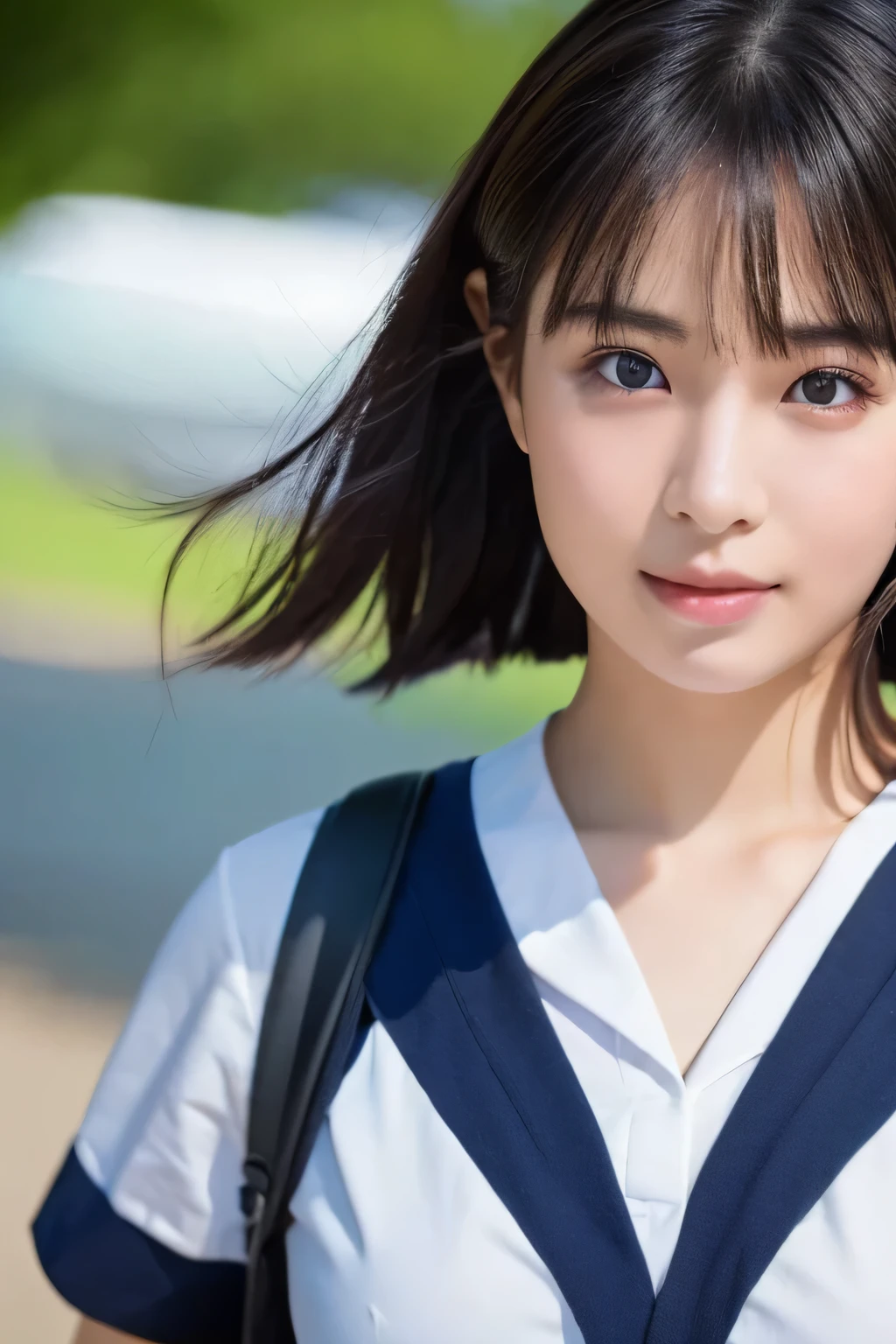 (Beautiful girl walking to school  :1.5),  , ( top quality:1.4), ( very detailed), ( very detailed美しい顔),  Carrying School Bags ,  evenly arranged eyes , ( short sleeve sailor suit :1.3), (  School Uniforms :1.3), Beautiful face and eyes, iris,  short haired ,  Japanese Beauty, (Skinny body type:1.5), smooth,  very detailed CG synthesis 8k wallpaper,  high-resolution RAW color photo, Professional photography, light, Backlight, Dreamy, Impressive,  written boundary depth, ( face close-up :1.4), ( other than an airplane:1.5)