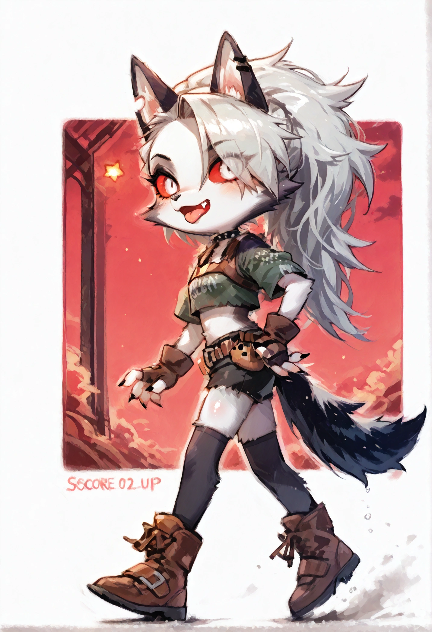 (solo:1.3),1girl\(cute,chibi,kawaii,big eyes,(red sclera:1.3),(white eyes:1.3), Loona, Loona\(Helluva Boss\),hellhound, muzzle, Anthro, furry, thigh highs, fingerless gloves, Shorts, Crop top, (hair over one eye:1.3), (fang:1.4), sharp teeth,(tongue:1.3),(full body),(abs:0.8),long nails,detailed face,(detailed fur:1.3),shiny fur,shiny skin,,(walking:1.3),,(side view,facial profile)\).dynamic angle. score_9, score_8_up, score_7_up, score_6_up, score_5_up, score_4_up, source_anime,source_furry,rating_safe,rating_questionable,masterpiece, best quality, perfect anatomy , very aesthetic , absurdres .from side,cute background,from side