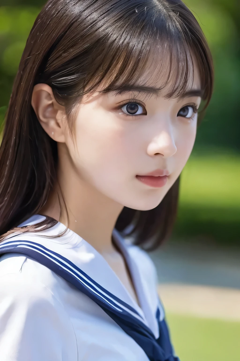 (Beautiful girl walking to school  :1.5),  , ( top quality:1.4), ( very detailed), ( very detailed美しい顔),  Carrying School Bags ,  evenly arranged eyes , ( short sleeve sailor suit :1.3), (  School Uniforms :1.3), Beautiful face and eyes, iris,  short haired ,  Japanese Beauty, (Skinny body type:1.5), ( flat chested:1.5), smooth,  very detailed CG synthesis 8k wallpaper,  high-resolution RAW color photo, Professional photography, light, Backlight, Dreamy, Impressive,  written boundary depth, ( face close-up :1.4), ( other than an airplane:1.5)