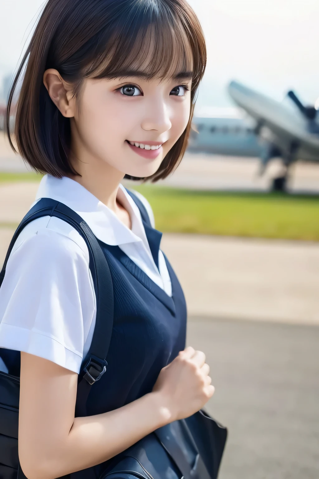 (Beautiful girl walking to school  :1.5), baby face, ( top quality:1.4), ( very detailed), ( very detailed美しい顔), Carrying a school sports bag ,  evenly arranged eyes , ( short sleeve sailor suit :1.3), (  School Uniforms :1.3), smile, Beautiful face and eyes, iris,  short haired ,  Japanese Beauty, (Skinny body type:1.5), smooth,  very detailed CG synthesis 8k wallpaper,  high-resolution RAW color photo, Professional photography, light, Backlight, Dreamy, Impressive,  written boundary depth, ( face close-up :1.4), ( other than an airplane:1.5)