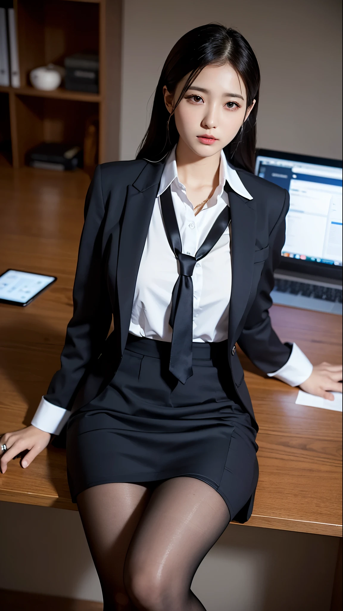 (raw, best quality, masterpiece:1.5), (Photorealistic, intricate details:1.2), ultra high definition, ridiculous,
1 girl, pretty face, blue eyes, green eyes, Detailed eyes, symmetrical eyes, There is light on the face, nose blushing, short hair, bun, black hair band, 
clock, Vest, suit, Pencil miniskirt, White shirt, silk scarf, black pantyhose, [:20 days, :0.8],
Smile, Small dimples, Sexual innuendo, 
medium breasts, slim waist, thin legs, long legs,
Sit in a chair in front of your desk, Perfect body, good proportions,
looking at the audience, 
(office, indoor, hyper Detailed background:1.2), Japan, copy machine, File cabinets, , monitor,
shiny skin, Realistic skin texture, 
natural lighting, best lighting, Detailed background, Detailed shadows, sharp focus, Depth of field f/2,
Saturated, high contrast, Intense light and shadow
