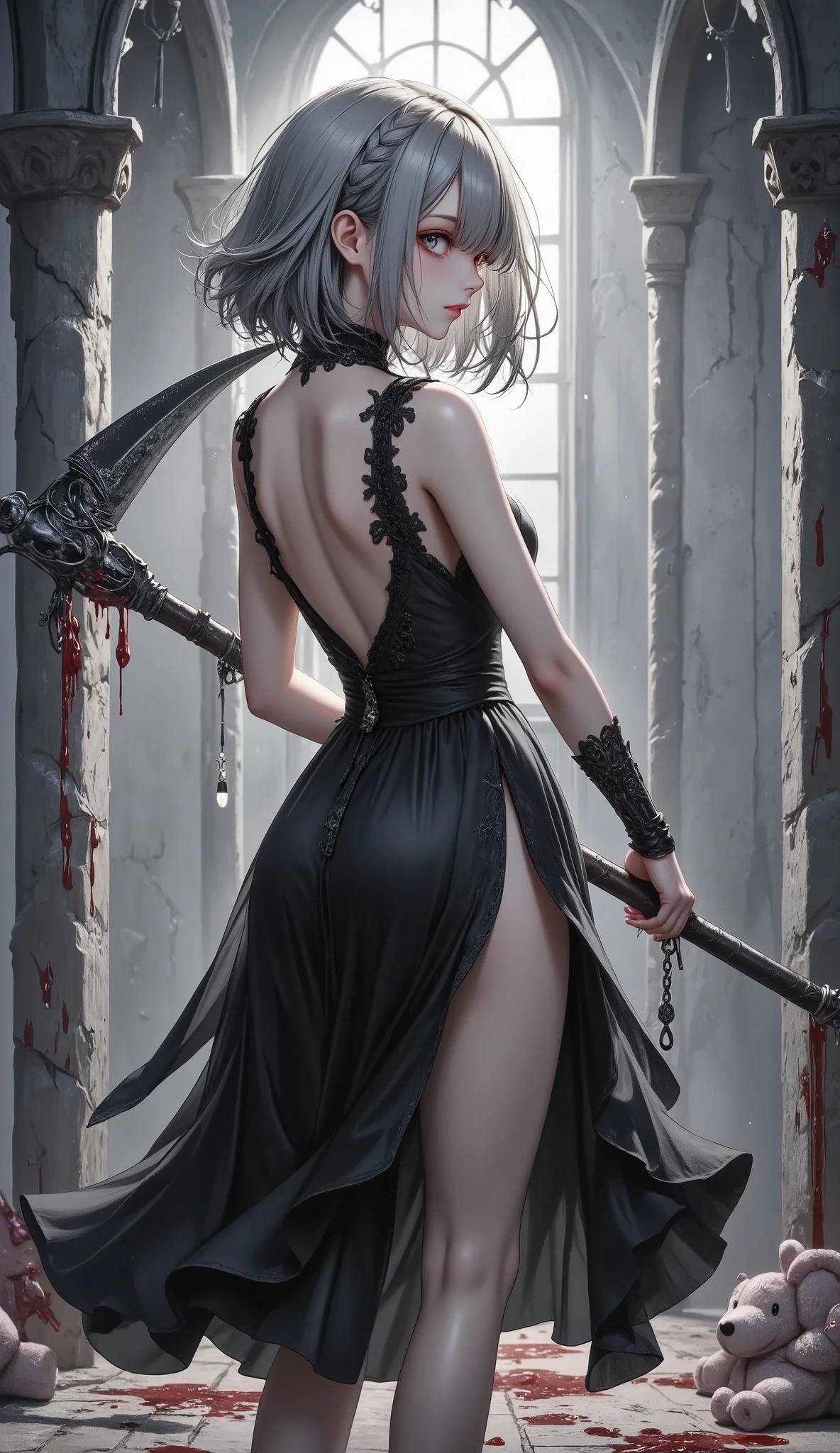 masterpiece, best quality, 8k, highres, ultra-detailed, HDR, UHD, ultra-fine painting, Gothic illustration style,dark fantasy theme, dark gothic theme, Gothic Art style, Chiaroscuro,BREAK, 1girl\(gothic style\), 180cm height,Absurdly beautiful and tall,great figure,side bang,from front,full body,gothic dress,blood on leg, large death scythe double-handed grip, Dynamic Motion Blur, BREAK,death scythe\(perfect shape,blood on weapon, Skull decoration handle dy chain,intense energy\), BREAK, desolation church\(cracked walls, broken windows, torn curtains, rusted wheelchair, fallen IV stand, eerie silence, drifting mist, dusty floor, long shadows, moonlight through broken glass , (bloodstains:1.45),handprints on walls, (elaborate stuffed teddy bear lies on the floor, covered in blood),BREAK,cold and ominous atmosphere, Dark gothic atmosphere, faith rule, insanity CG