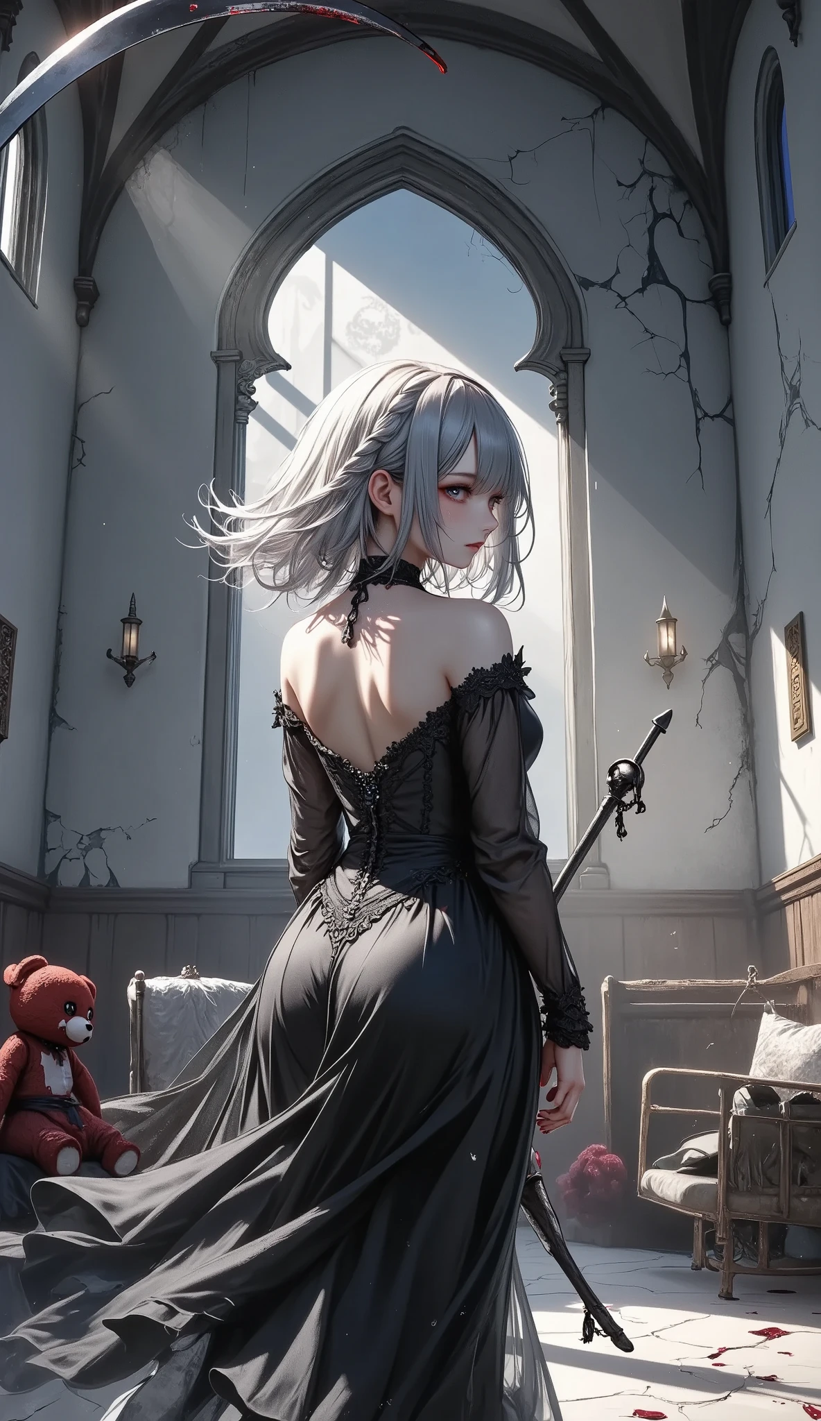 masterpiece, best quality, 8k, highres, ultra-detailed, HDR, UHD, ultra-fine painting, Gothic illustration style,dark fantasy theme, dark gothic theme, Gothic Art style, Chiaroscuro,BREAK, 1girl\(gothic style\), 180cm height,Absurdly beautiful and tall,great figure,side bang,from front,full body,gothic dress,blood on leg, large death scythe double-handed grip, Dynamic Motion Blur, BREAK,death scythe\(perfect shape,blood on weapon, Skull decoration handle dy chain,intense energy\), BREAK, desolation church\(cracked walls, broken windows, torn curtains, rusted wheelchair, fallen IV stand, eerie silence, drifting mist, dusty floor, long shadows, moonlight through broken glass , (bloodstains:1.45),handprints on walls, (elaborate stuffed teddy bear lies on the floor, covered in blood),BREAK,cold and ominous atmosphere, Dark gothic atmosphere, faith rule, insanity CG