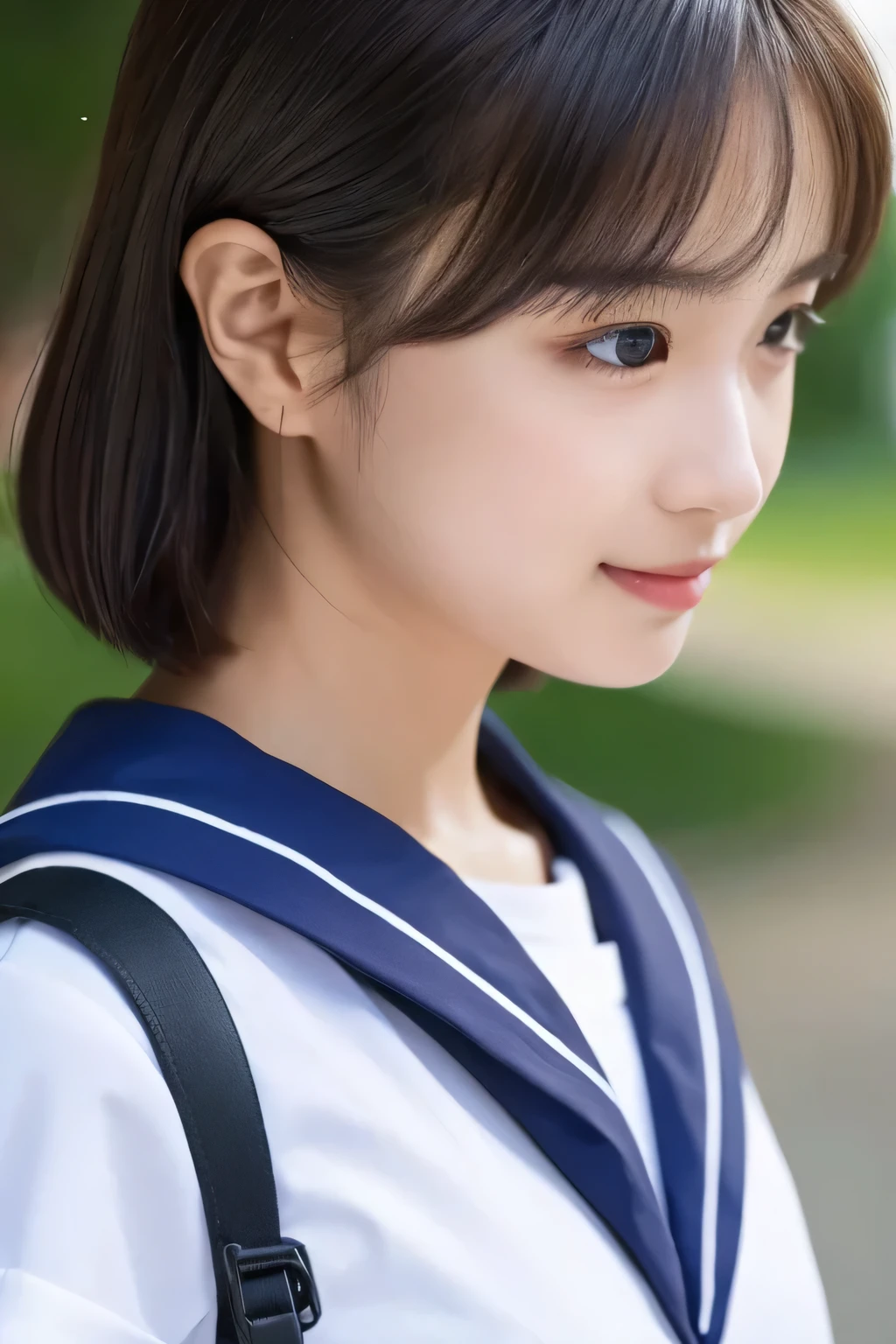 (Beautiful girl walking to school  :1.5), , ( top quality:1.4), ( very detailed), ( very detailed美しい顔), Carrying a school sports bag ,  evenly arranged eyes , ( short sleeve sailor suit :1.3), (  School Uniforms :1.3), smile, Beautiful face and eyes, iris,  short haired ,  Japanese Beauty, (Skinny body type:1.5), smooth,  very detailed CG synthesis 8k wallpaper,  high-resolution RAW color photo, Professional photography, light, Backlight, Dreamy, Impressive,  written boundary depth, ( face close-up :1.4), ( other than an airplane:1.5)