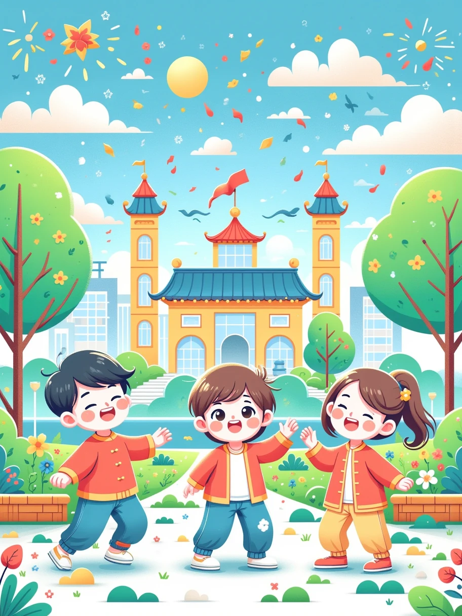  A vibrant and joyful vector style illustration， Celebrating the Chinese New Year。 This scene is full of children having fun，Surrounded by fireworks 、, firecrackers and lion dances 。 Children wearing traditional Chinese costumes，Laughter ， holding holiday items such as lanterns and red envelopes in their hands 。 The background is full of decorations unique to the Spring Festival ， of the Chinese New Year 。 The whole atmosphere is festive and colorful ， embody the ， contains traditional and cultural elements 。 The scene is set in a bustling town square ， Surrounded by modern Chinese rural buildings 。