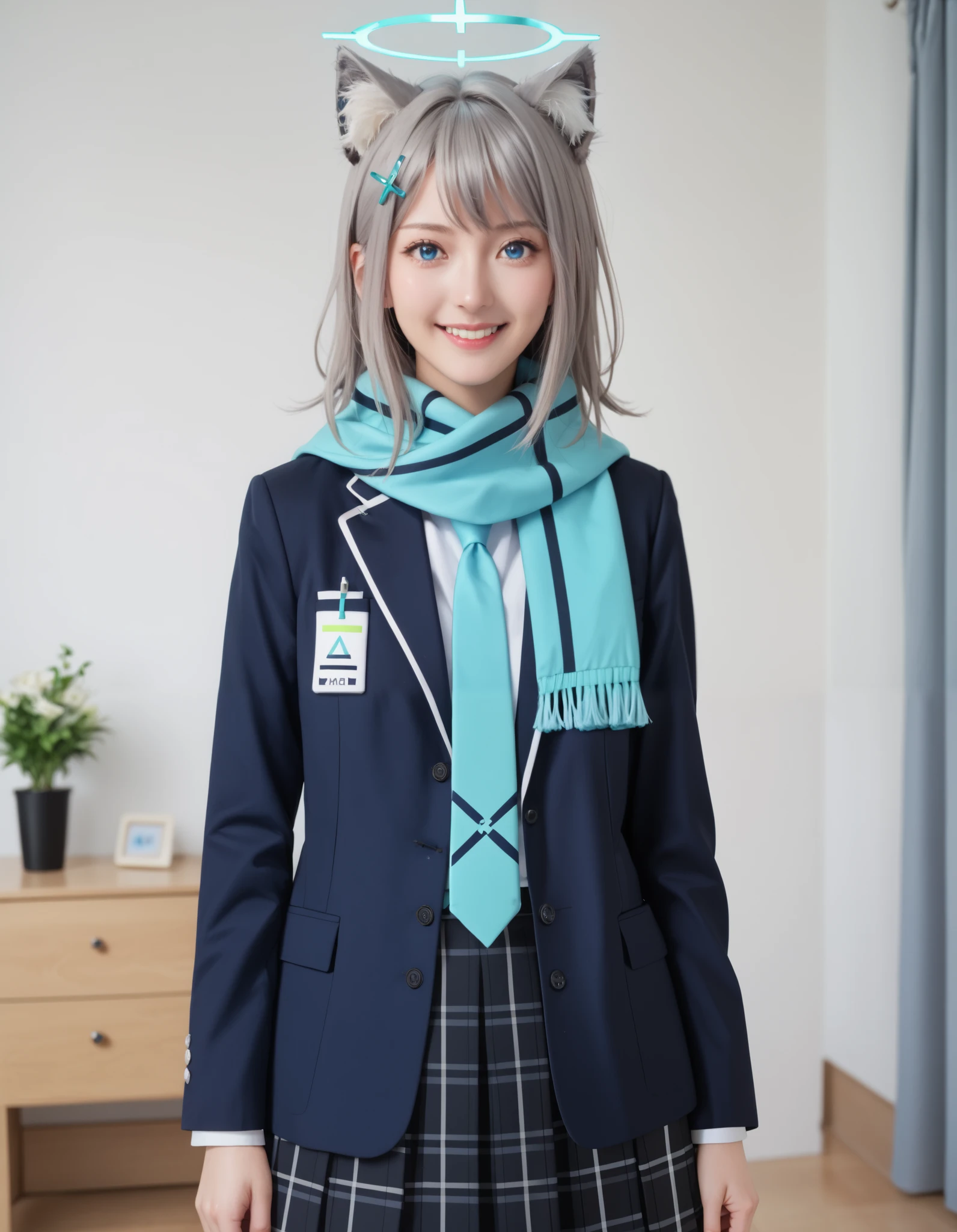 Masterpiece, hd , realistic , shiroko sunaookami, animal ears, blue eyes, grey hair, hair ornament, hairpin, cross hairpin, halo, medium hair, wolf ears, checkered clothes, checkered skirt, school uniform, neck tie,  skirt, scarf, indoors, smile,, looking at viewer, solo, cowboy shot, standing 