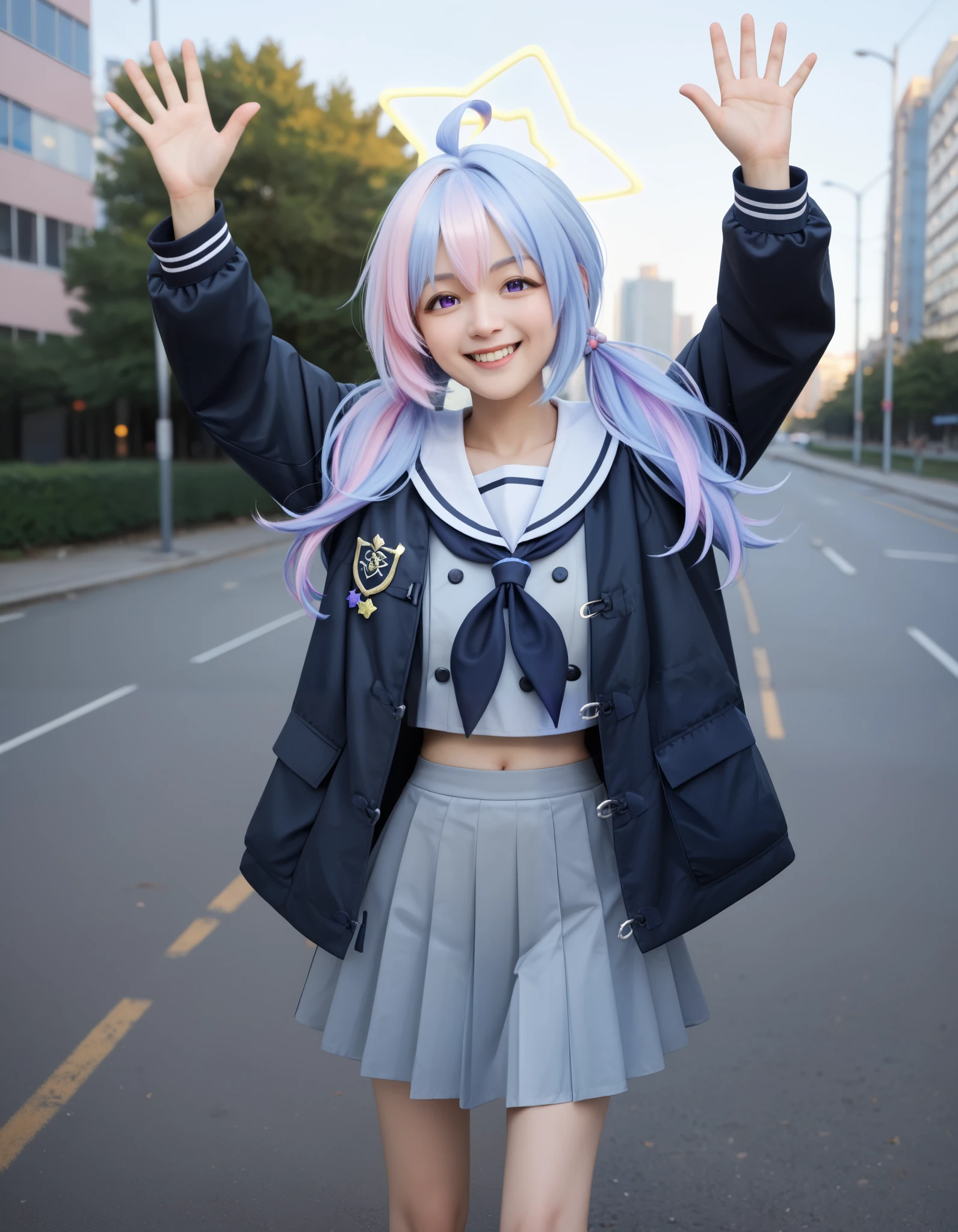 Masterpiece, realistic, solo, hd, best quality, waving hands, reisa \(blue archive\),purple eyes, multicolored hair,low twintails, halo,star \(symbol\),black jacket,sailor collar,grey skirt, socks, standing, outdoor, happy, smile